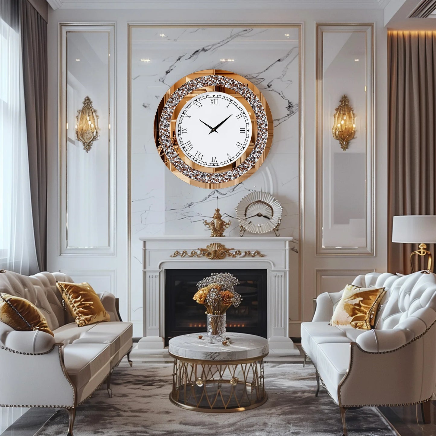 Crystal Sparkle Round Mirror Wall Clock With Beveled Edge Crushed Diamond Inlay And Roman Numerals For Living Room Decor-A
