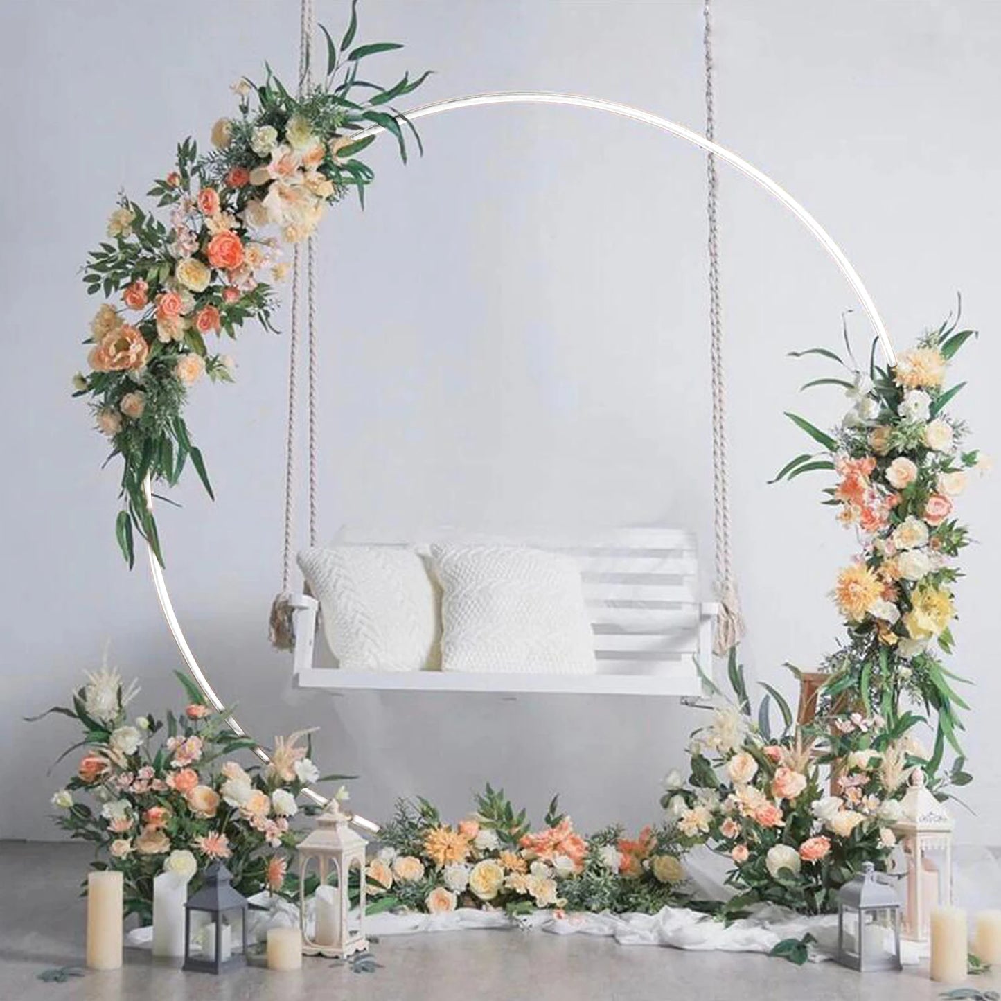 Round Iron Wedding Arch Backdrop Stand White Wrought Iron Metal Frame For Ceremony And Photo Backdrop Rust Resistant-A