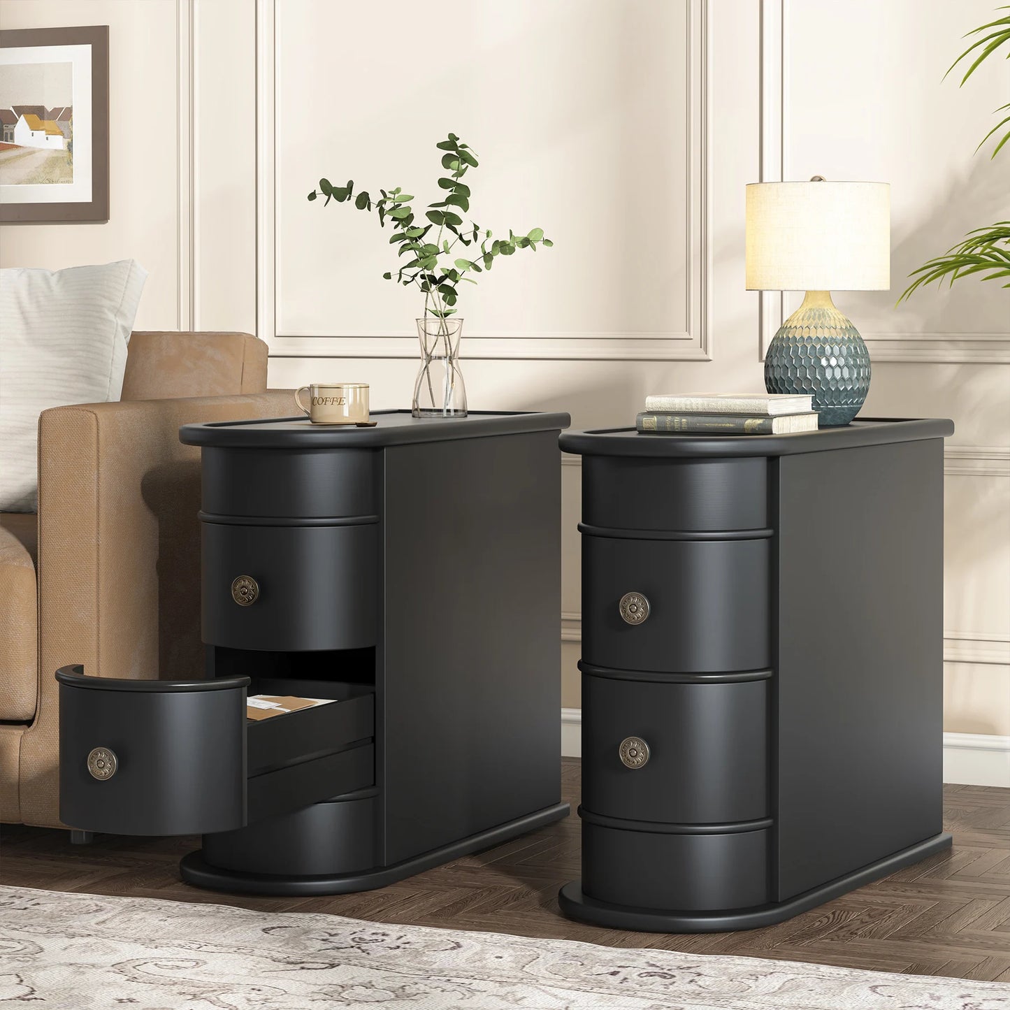 Tribesigns Round Solid Wood End Table With Two Sliding Drawers No Assembly Required Nightstand-A