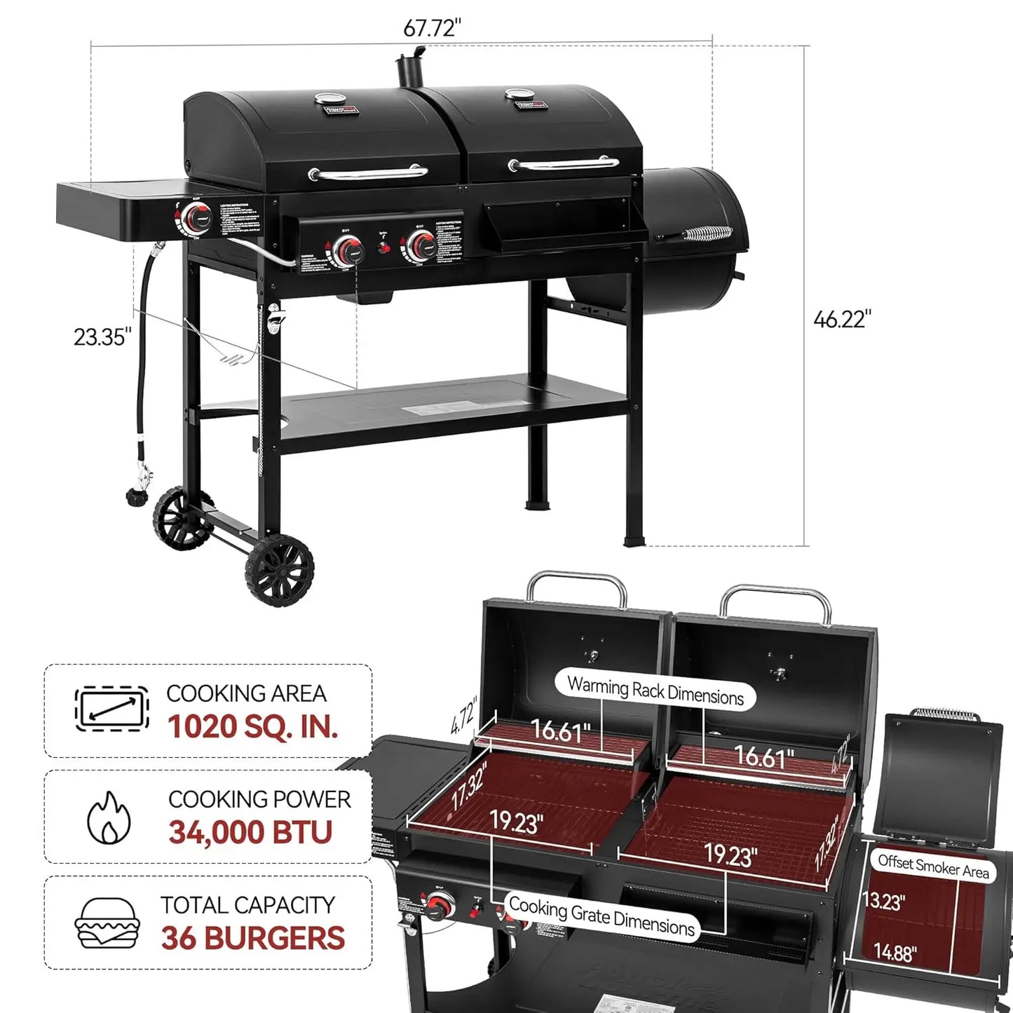 ZH3005Y SC Dual Fuel Grill Charcoal And Gas With Offset Smoker And Side Burner System-A
