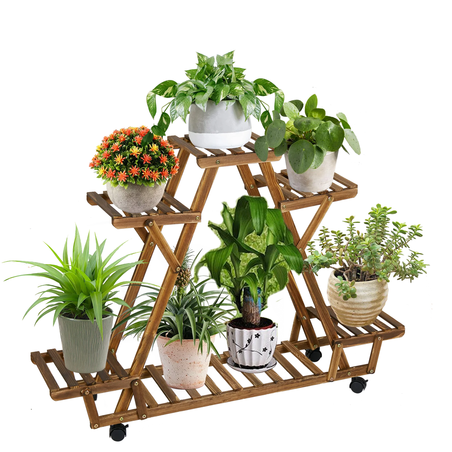 Triangular Six Pot Plant Shelf On Wheels Carbonized Wood Garden Plant Stand Display Rack-A