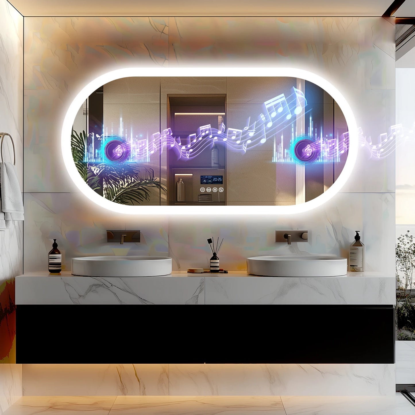 Oval LED Bathroom Mirror With Lights Anti Fog Bluetooth Speaker Dimmable 3 Color Temperature Levels Aluminum Frame-A
