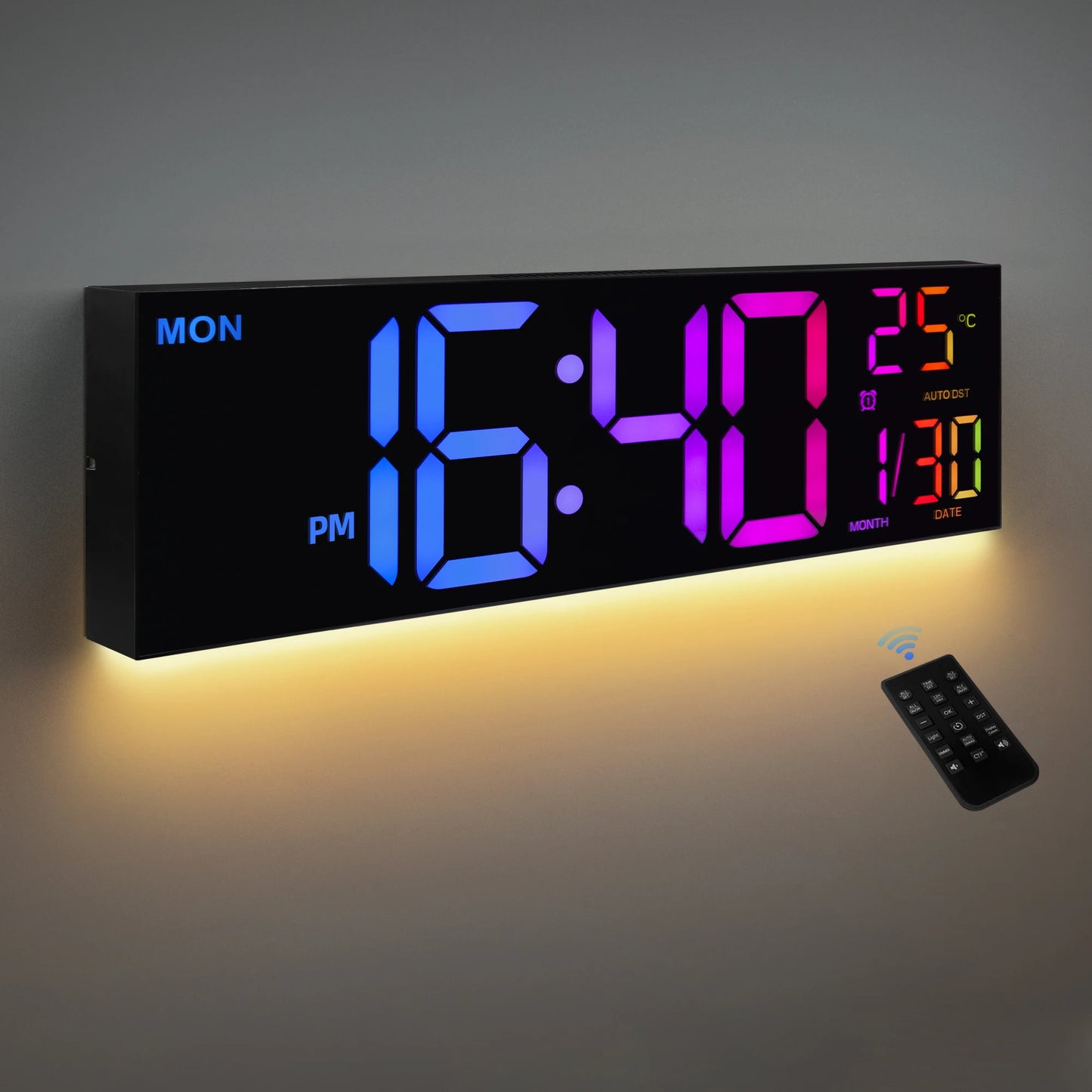Digital Wall Clock With Large LED Display And Remote 16 Inch 9 Color Modes Night Light For Living Room-A