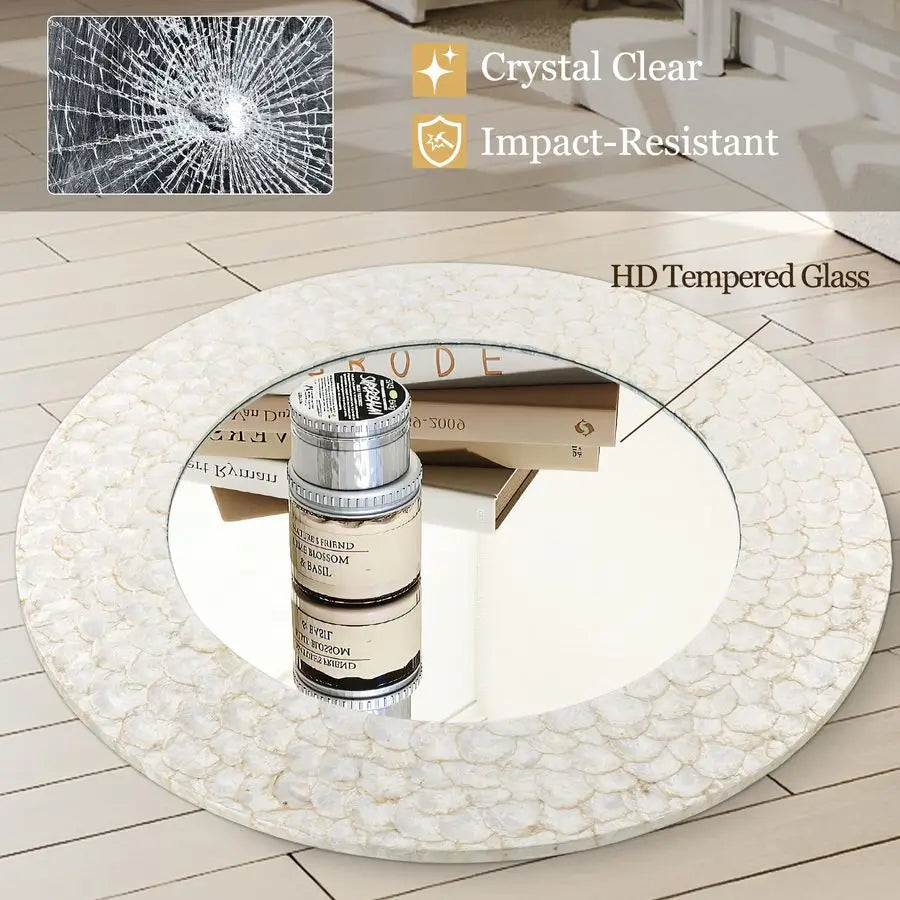 XMSJ Capiz Shell Coastal Mirror With Natural Seashell Circle Frame Handcrafted Unique Wall Mirror-A