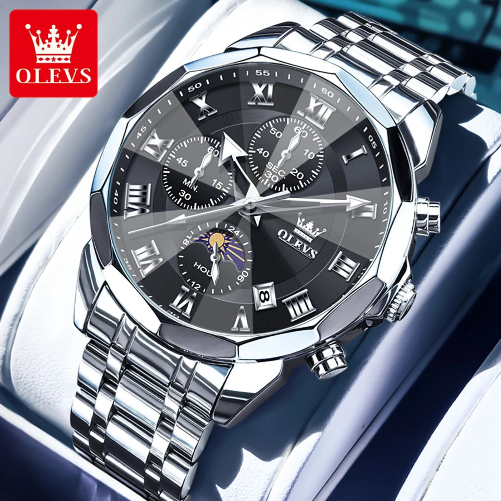 OLEVS Men's Chronograph Moonphase Watch Stainless Steel Waterproof With Quartz Movement Auto Date Full Calendar-A