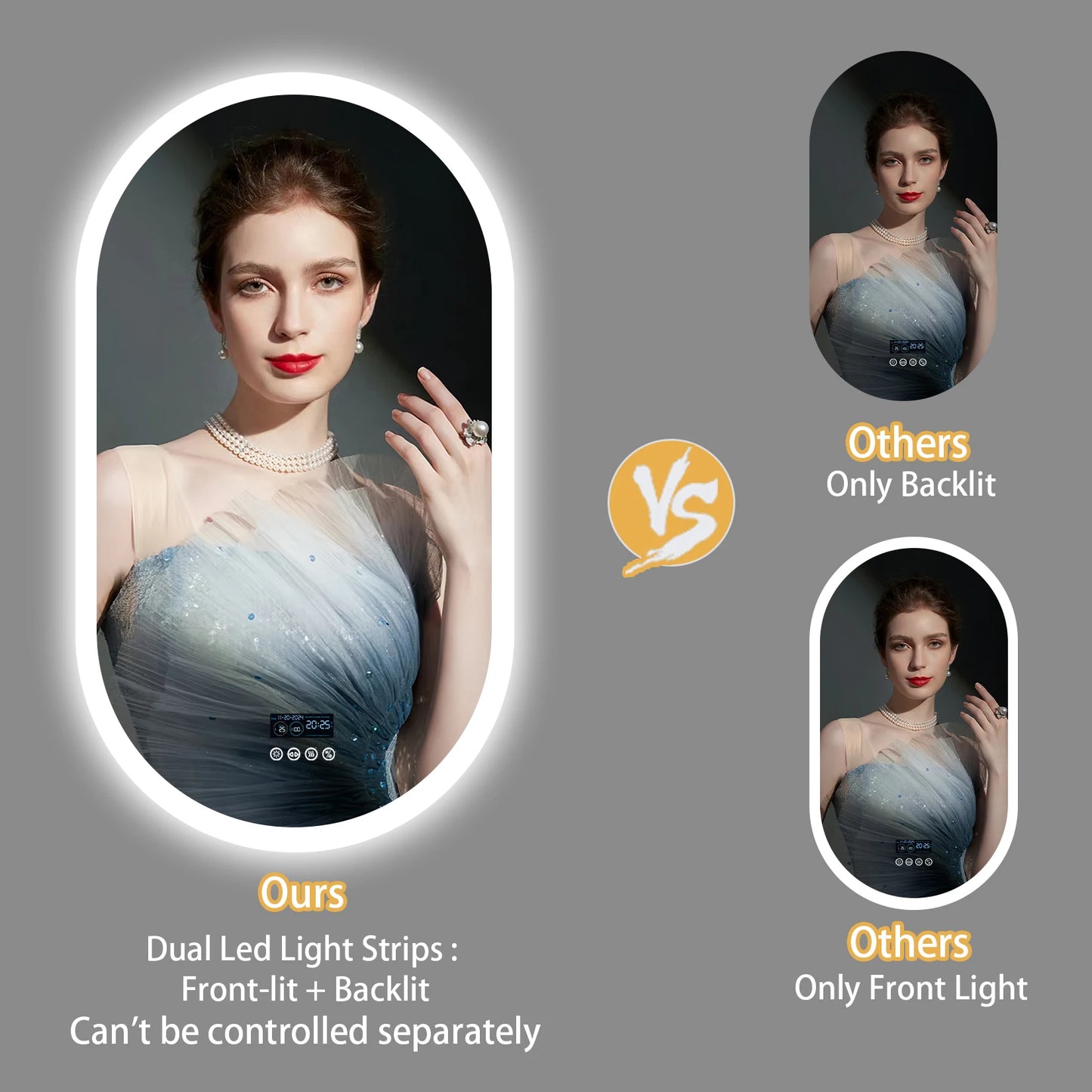 Oval LED Bathroom Mirror With Lights Anti Fog Bluetooth Speaker Dimmable 3 Color Temperature Levels Aluminum Frame-A