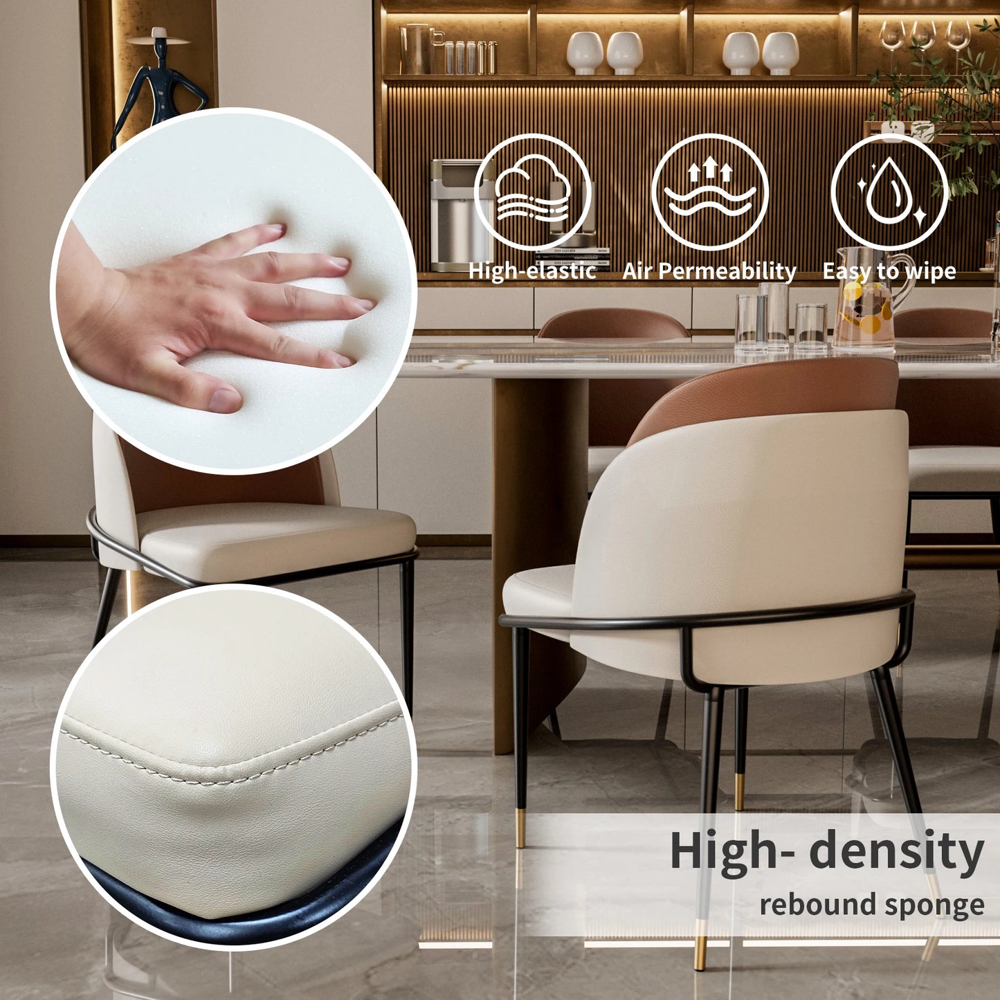 Modern Faux Leather Dining Chairs Pair With Upholstered Wood Back Curved Minimalist Two Tone Beige And Reddish Brown-A