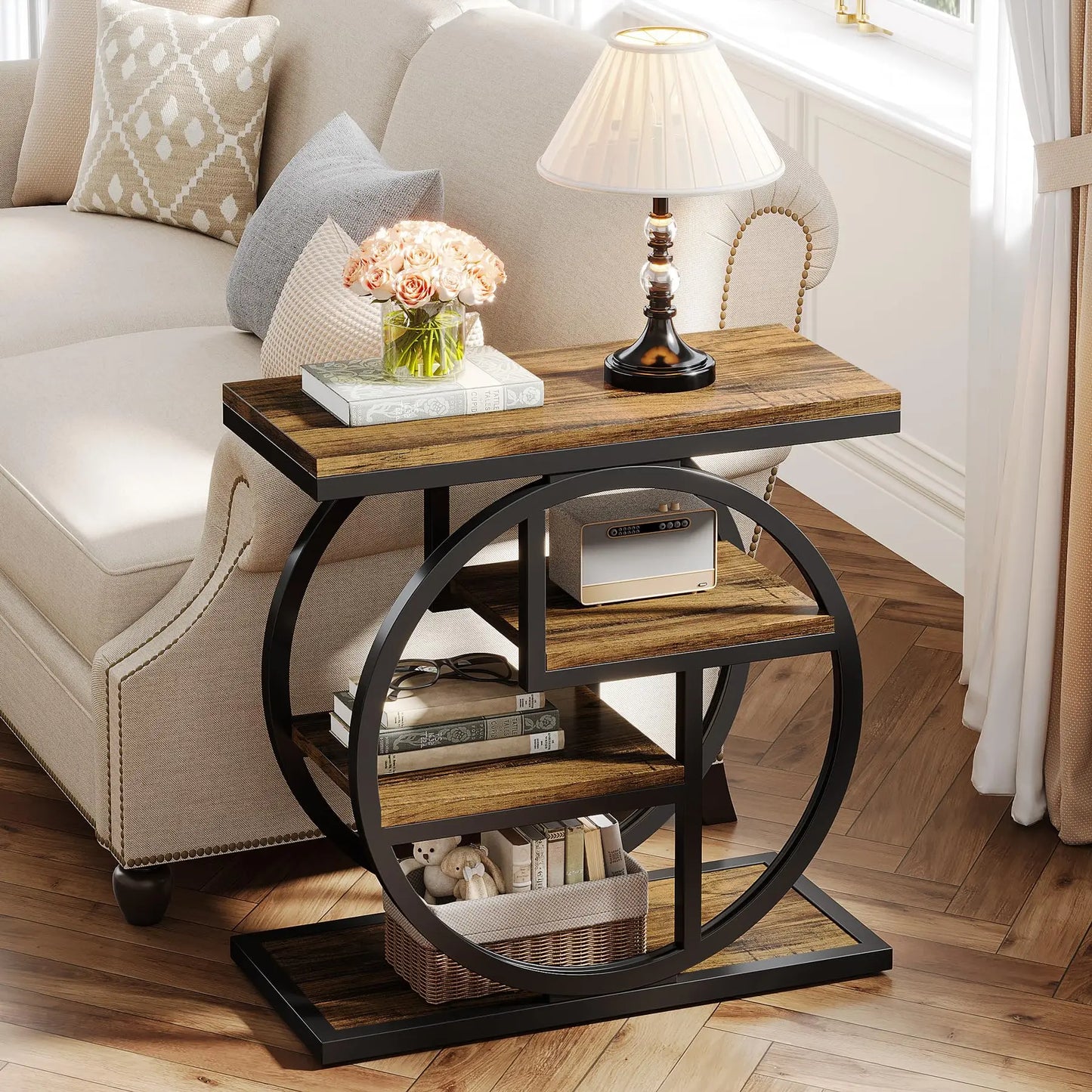 Tribesigns End Table With Storage Shelves For Living Room Industrial Rustic Compact Side Table-A