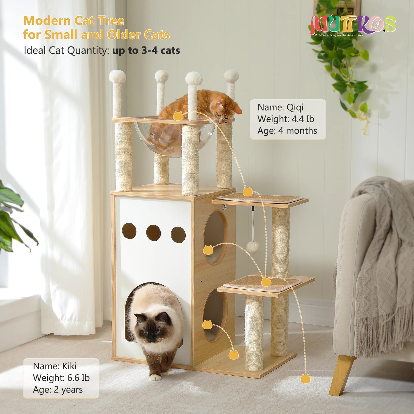 PETEPELA Modern Wooden Cat Tree Tower With Condo And Four Tiers Scratching Posts For Climbing And Lounging-A