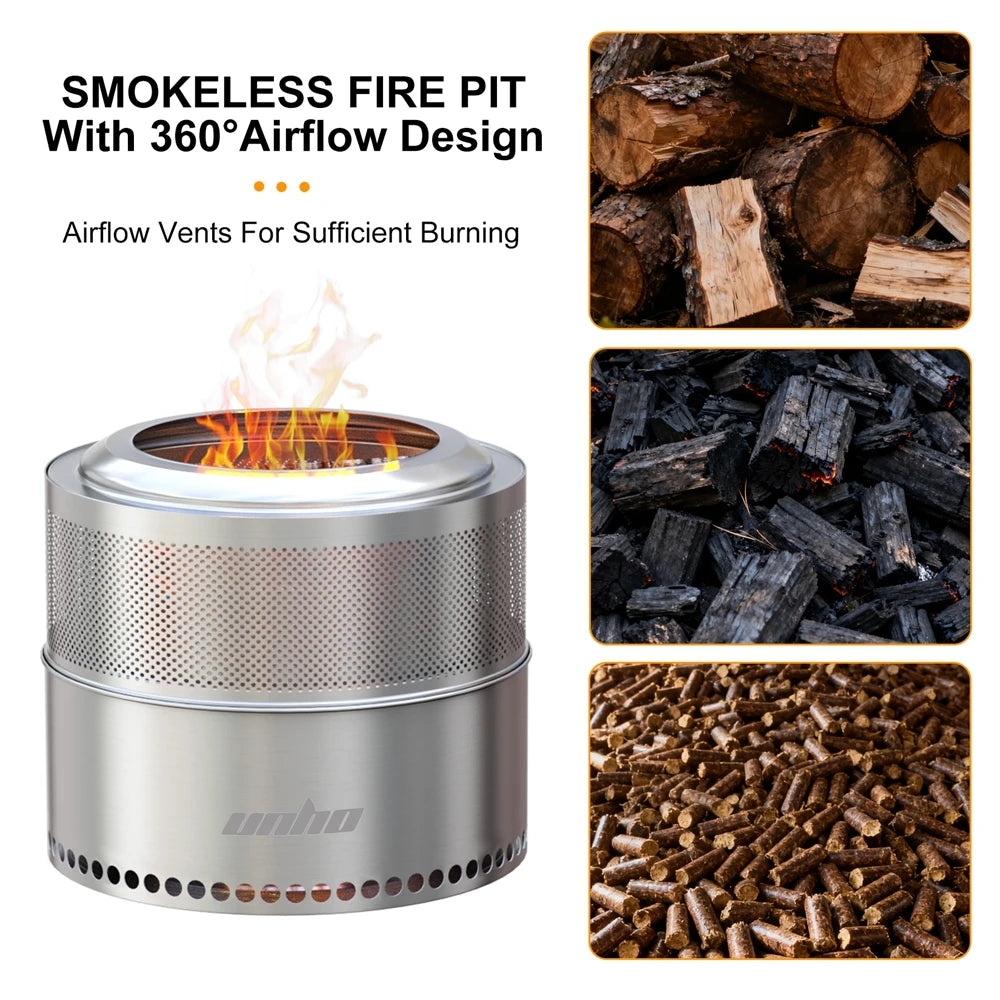 UNHO Smokeless Outdoor Wood Burning Fire Pit Portable Stainless Steel Perforated Design For Airflow-A