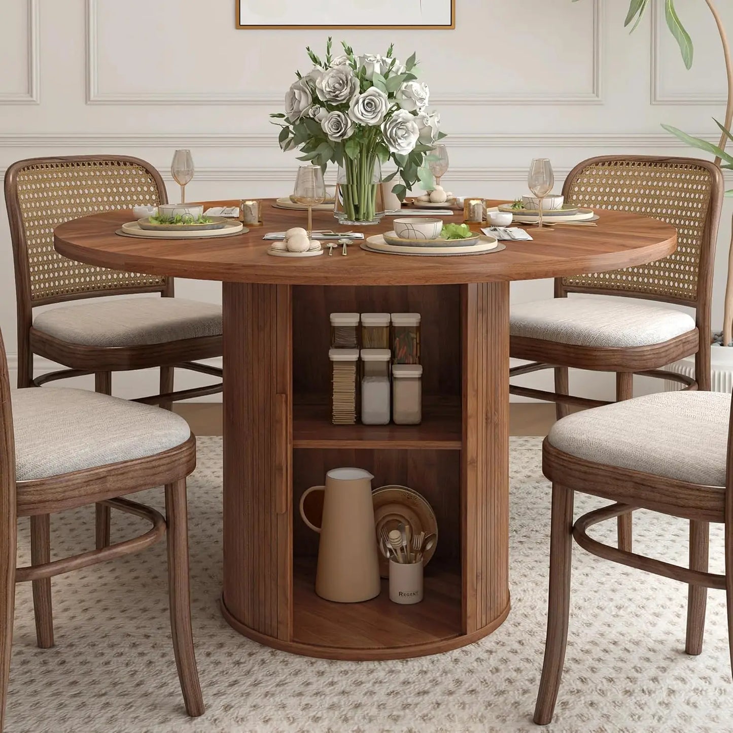 Extendable Round To Oval Dining Table With Hidden Storage Cabinet For Four To Six Guests Space Saving Modern Wood-A