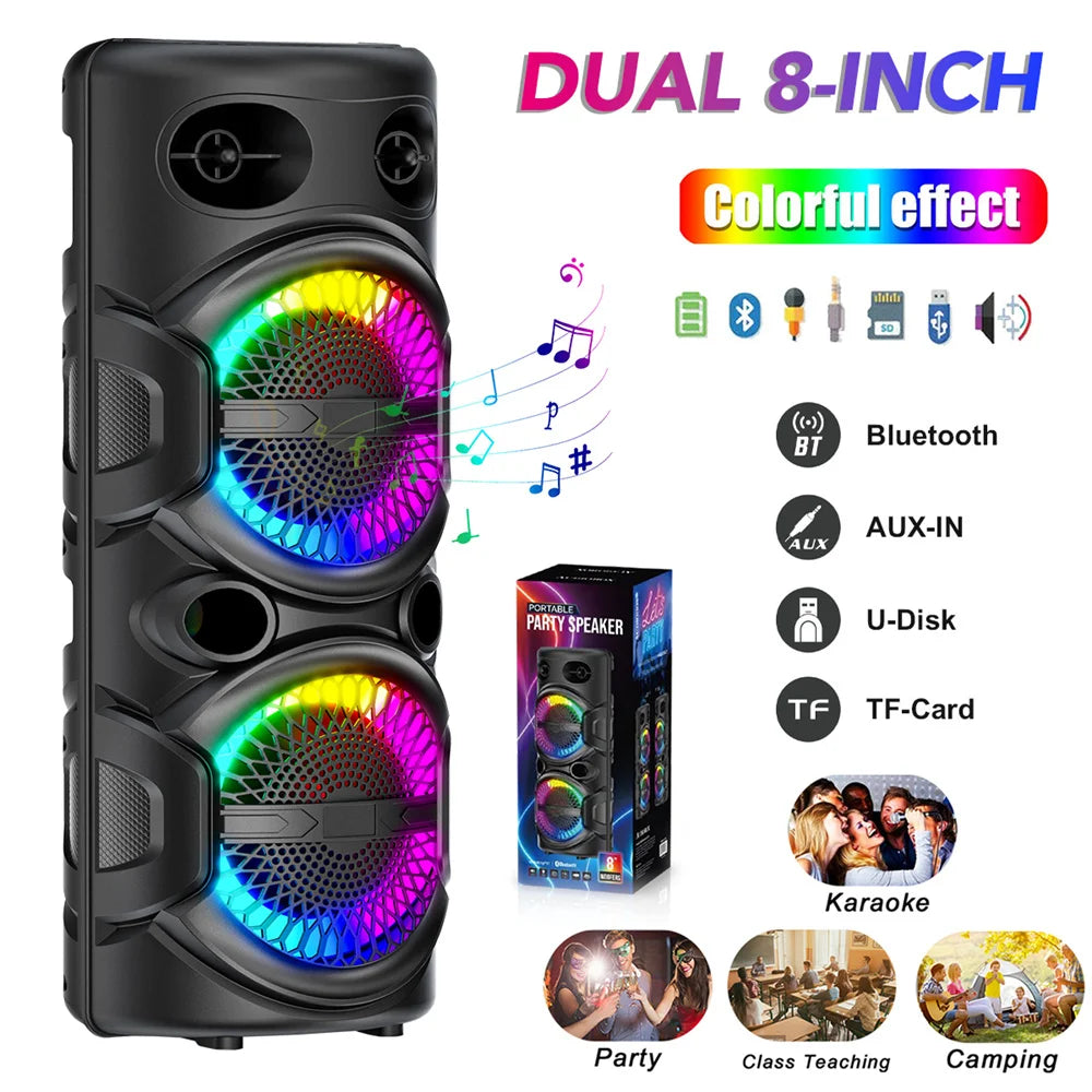 CURUK 3000W Portable Bluetooth Speaker With Dual 8 Inch Subwoofers Deep Bass RGB Lighting Party Speaker-A