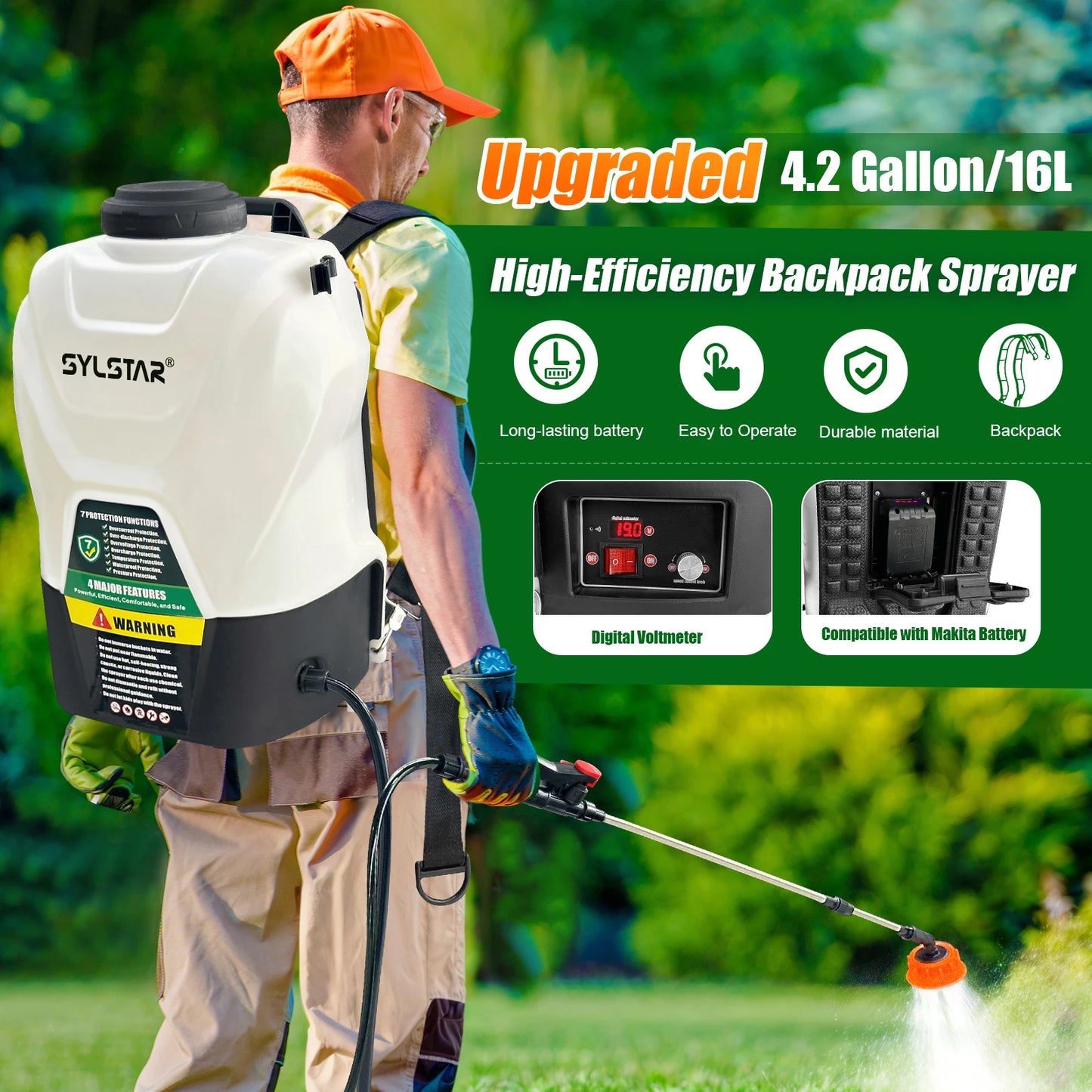 Garden Backpack Sprayer Cordless Electric 100 PSI 21V Battery 4 Gallon Tank Telescopic Wand With 5 Nozzles-A