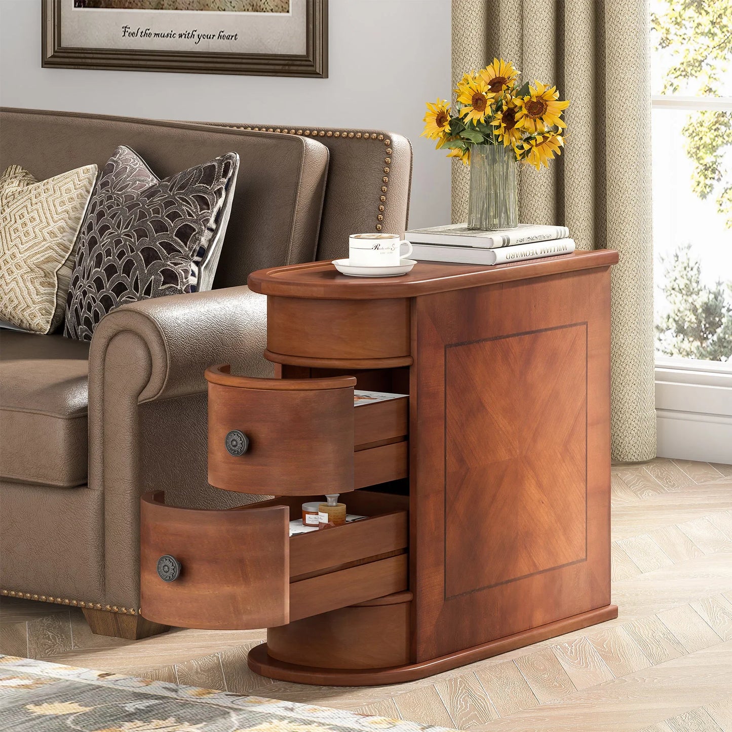 Tribesigns Round Solid Wood End Table With Two Sliding Drawers No Assembly Required Nightstand-A