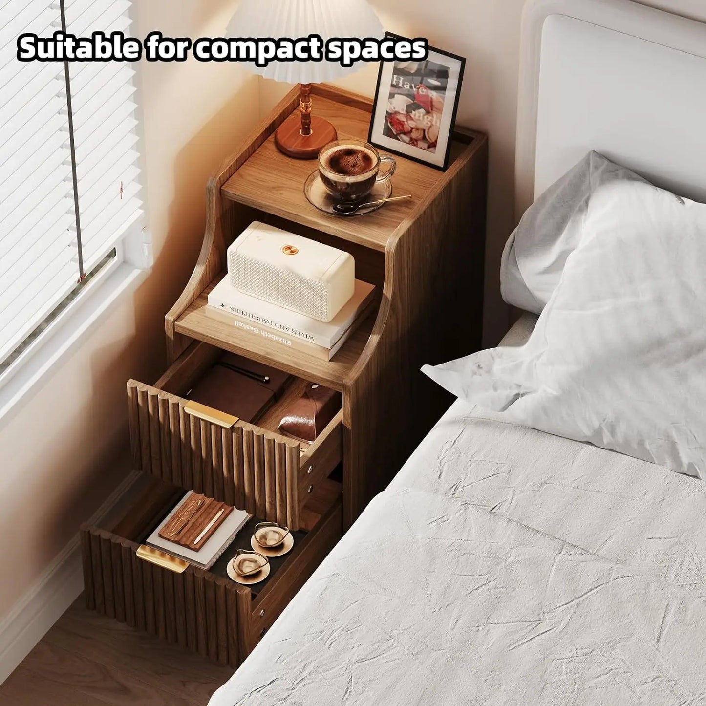 Frame Slim Nightstand Twin Set Of 2 With 2 Drawers Bedside Tables For Small Spaces-A