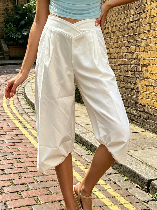 Women's Relaxed Fit Cropped Pants With Elastic Waistband And Pockets