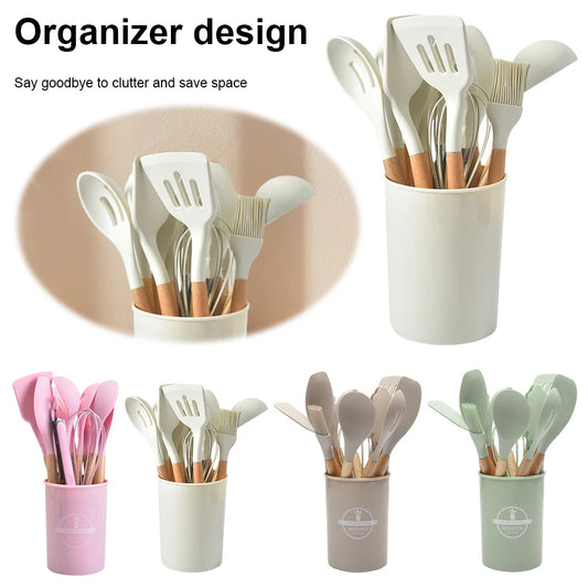 Alloet 12Pcs Wooden Handle Utensil Set Nonstick Spatula Kit