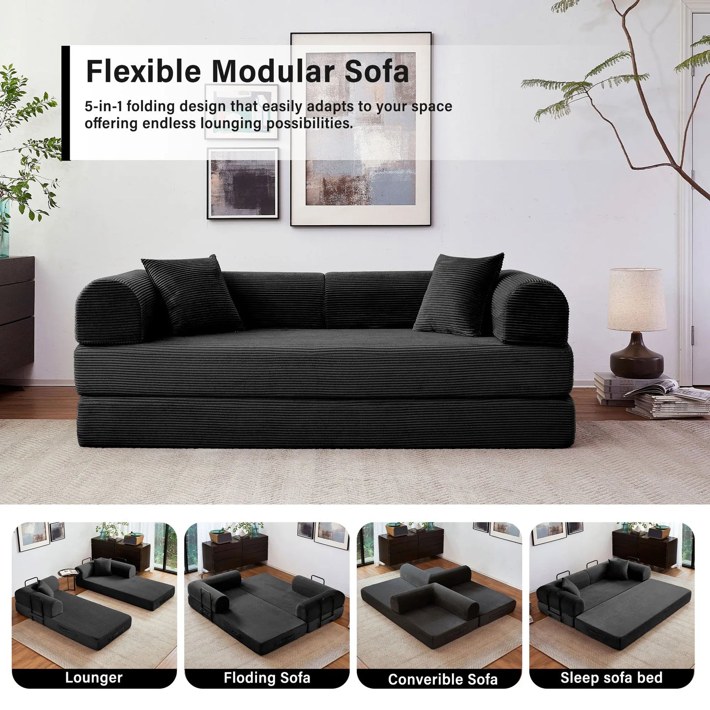 Foldable Convertible Futon Sofa Bed With L Shaped Armrests For Small Spaces Corduroy Upholstery High Density Foam-A