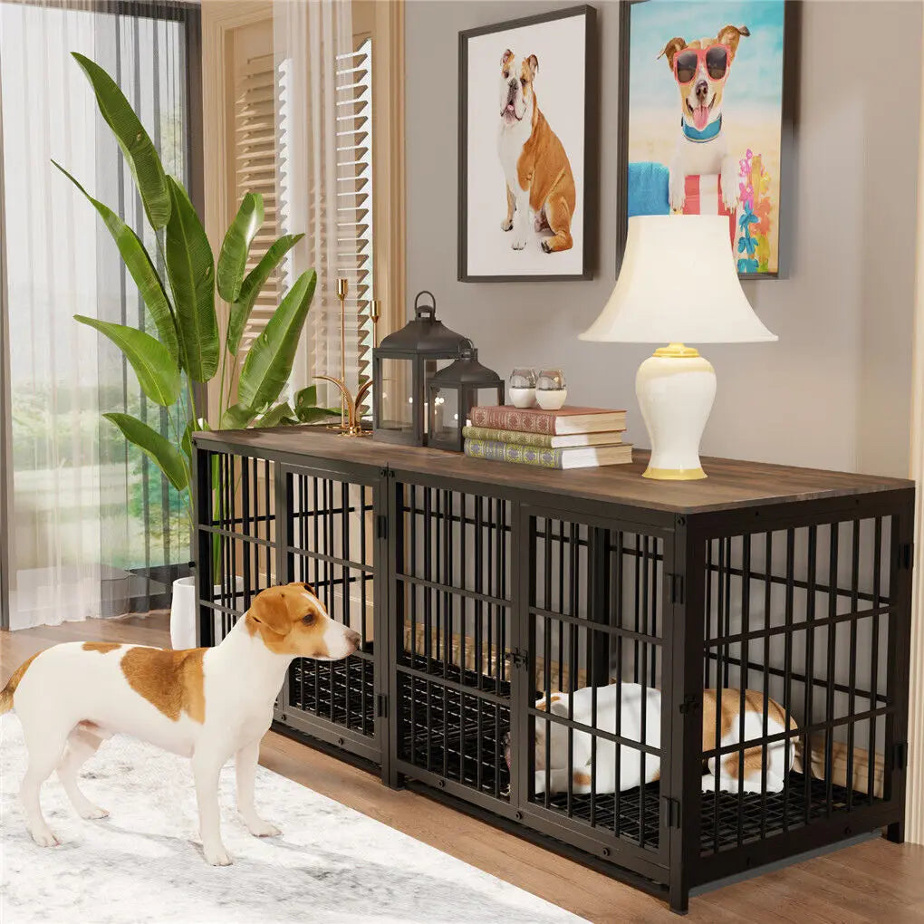 Bingopaw Heavy Duty Dog Kennel End Table Crate With Three Doors Built From Iron And MDF With Wood Tone Top-A