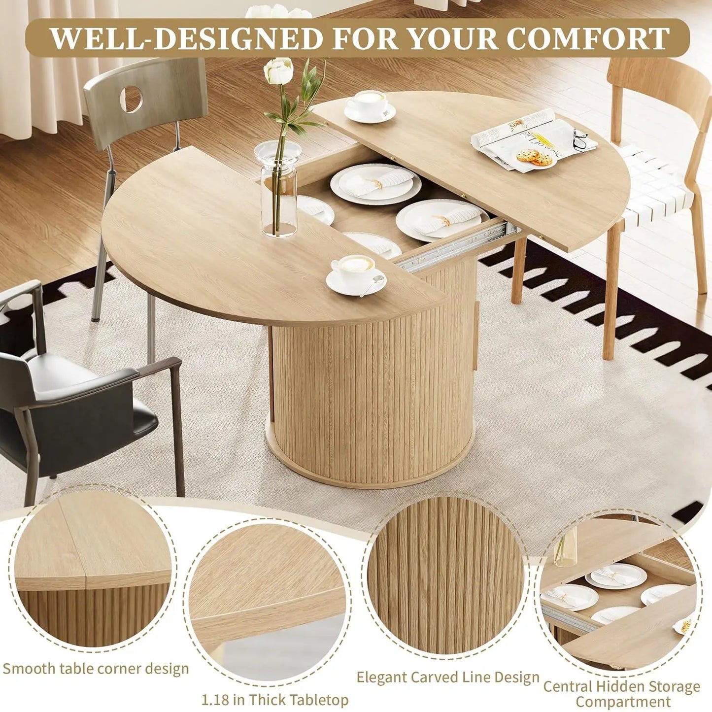 Extendable Round To Oval Dining Table With Hidden Storage Cabinet For Four To Six Guests Space Saving Modern Wood-A