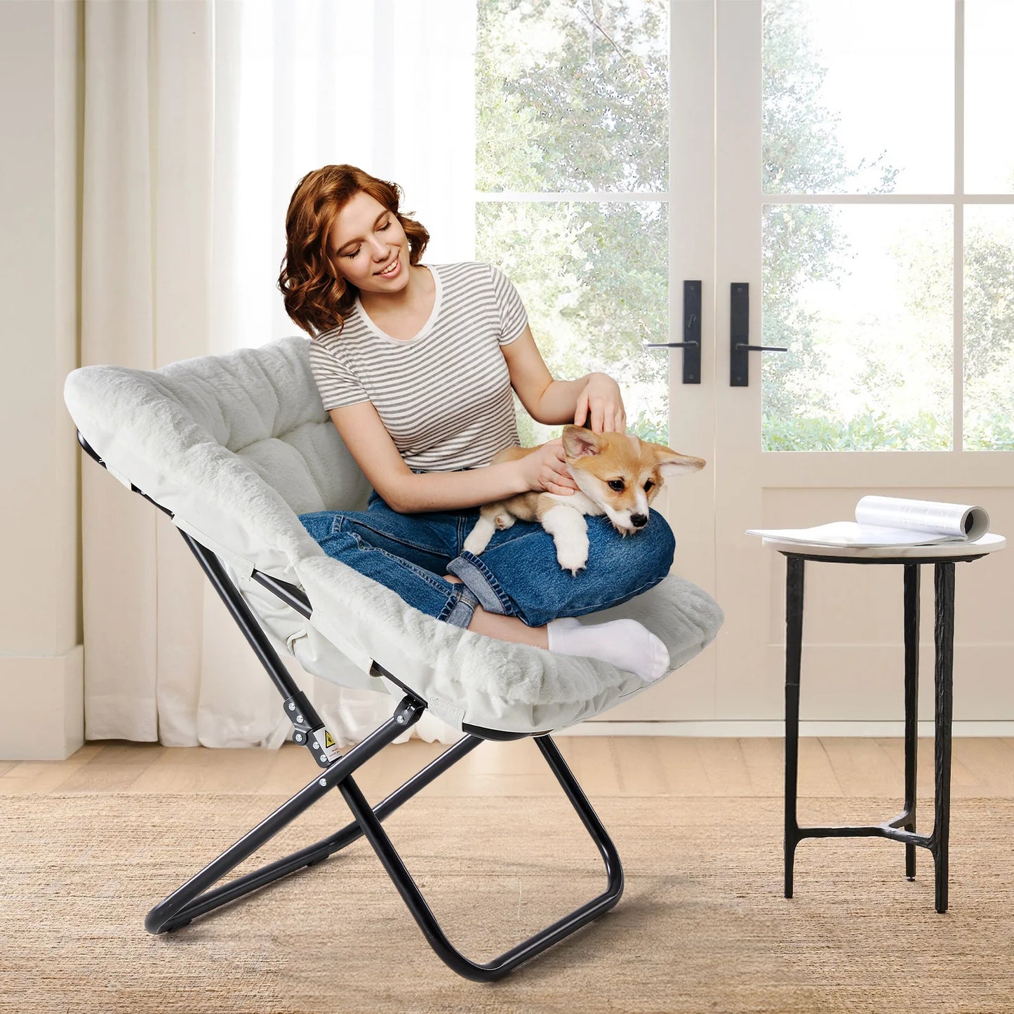 JHK Cozy Saucer Chair With Soft Faux Fur Padded Seat For Lounging Reading And Television Gaming-A