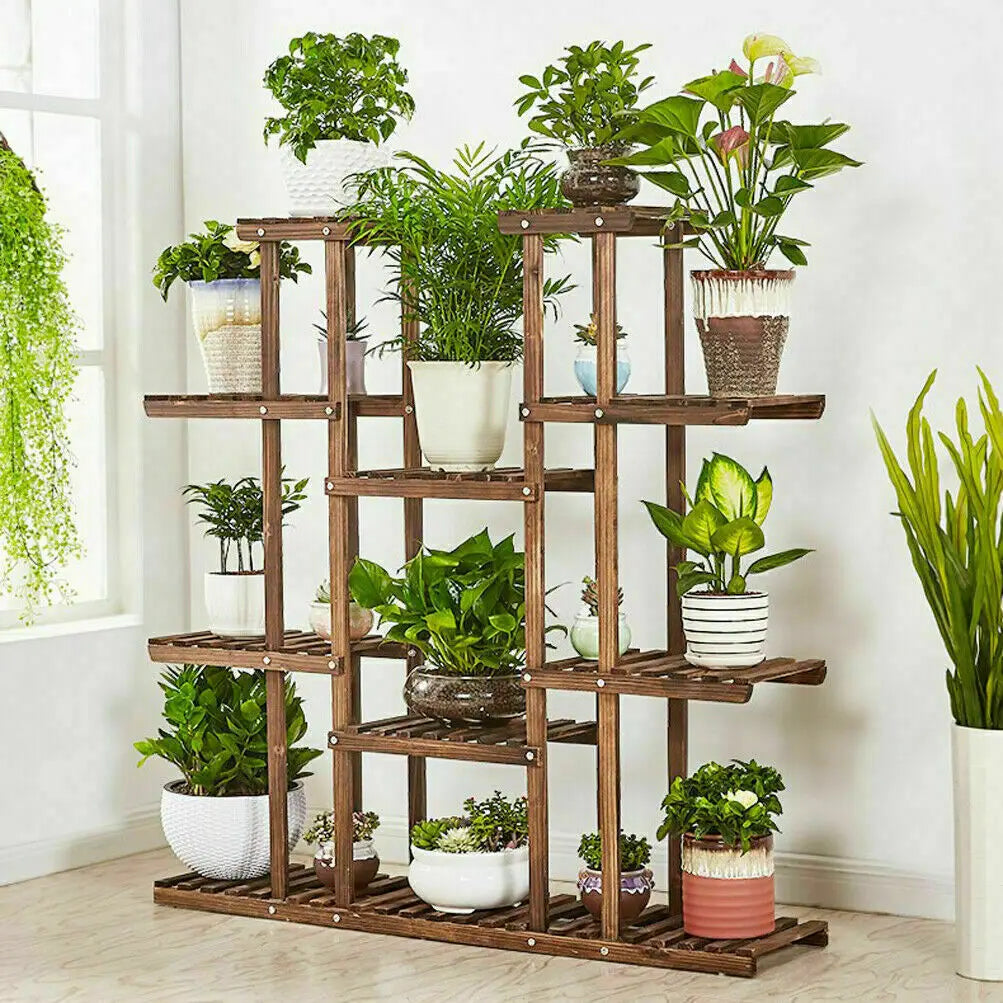 Wisfor Natural Pine Wood Plant Shelf With Multiple Tiers Indoor Outdoor Display Stand For Vertical Garden-A