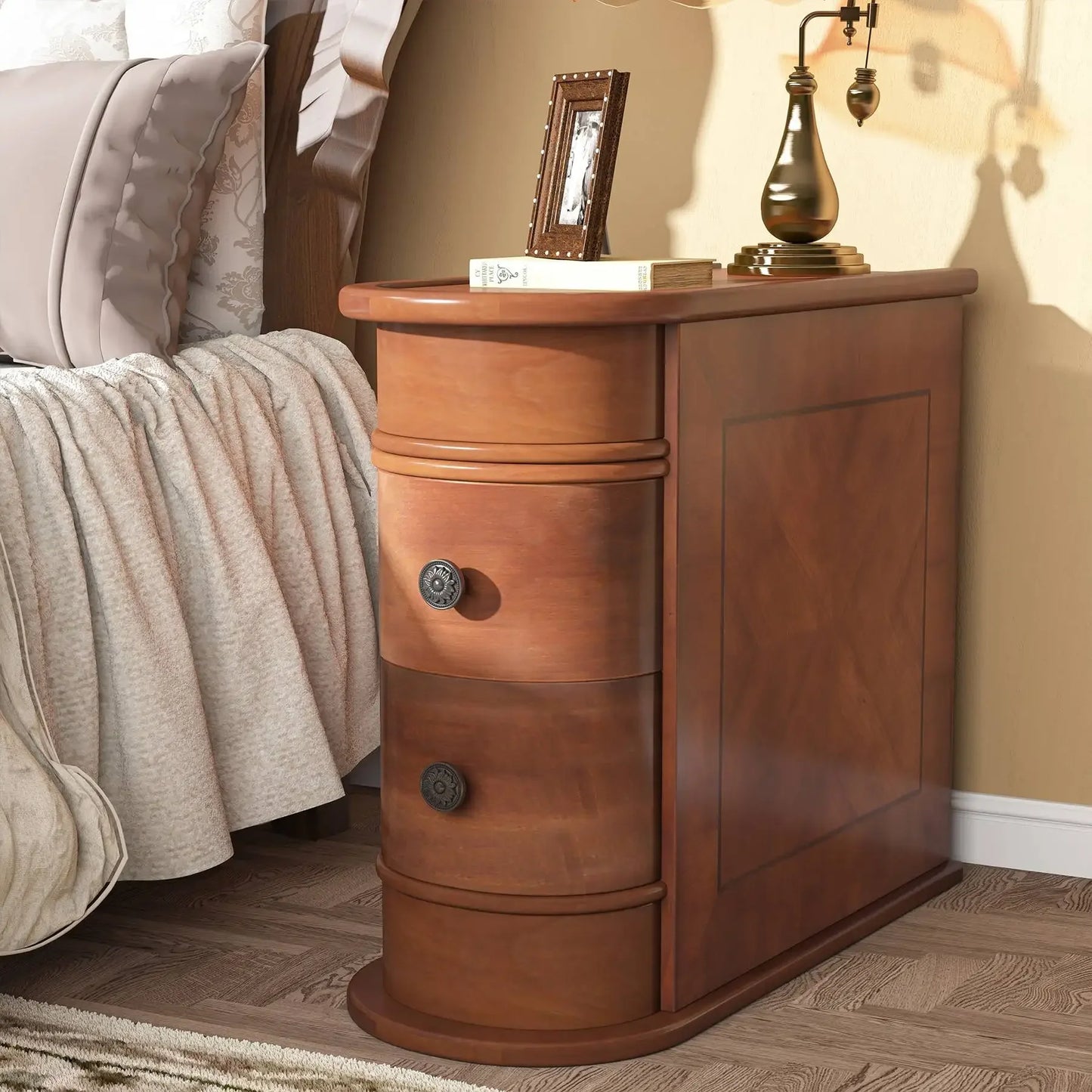 Tribesigns Round Solid Wood End Table With Two Sliding Drawers No Assembly Required Nightstand-A