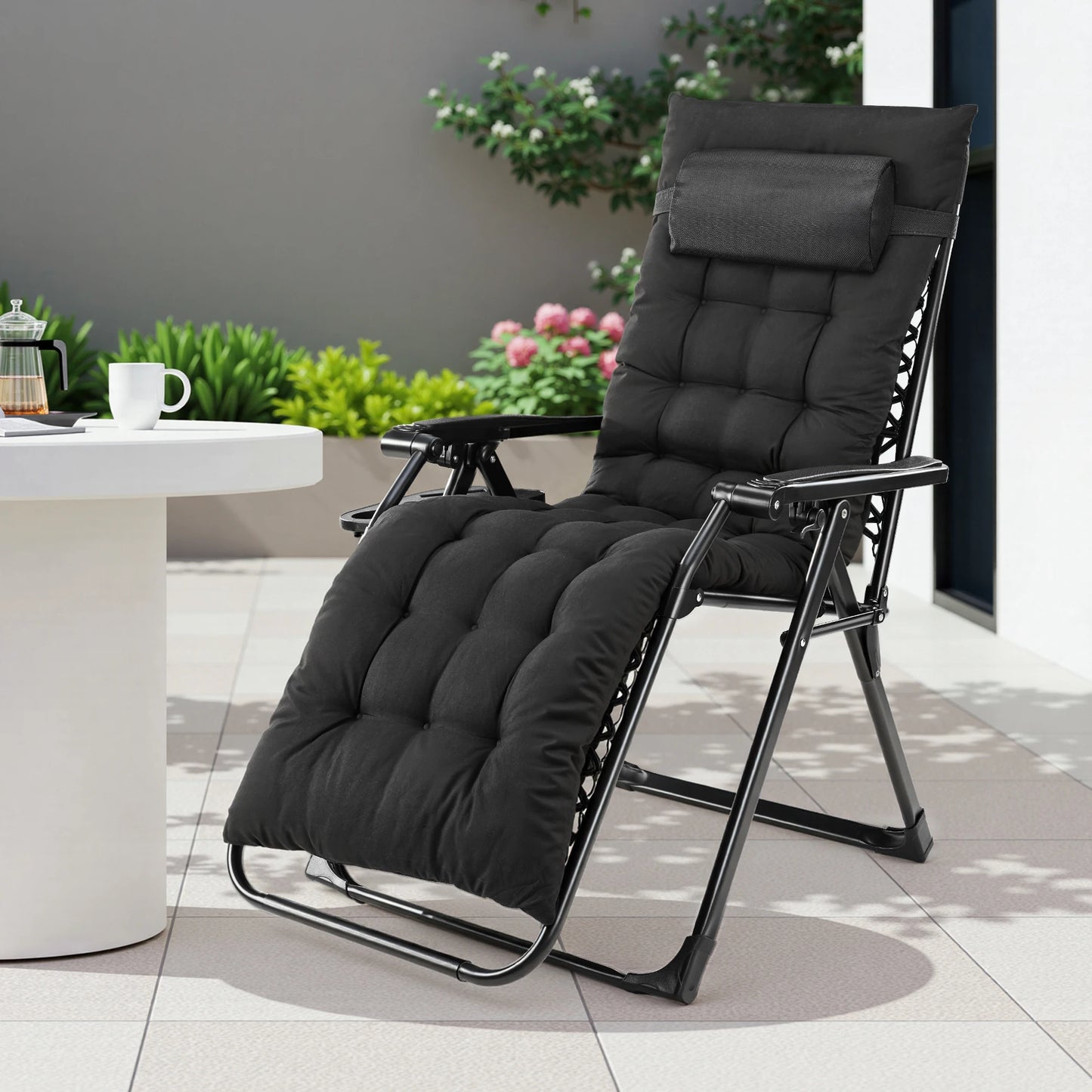 Zero Gravity Recliner Folding Outdoor Lounge Chair With Cup Holder Trays Sturdy Metal Frame Supports 440 Lbs For Camping-A
