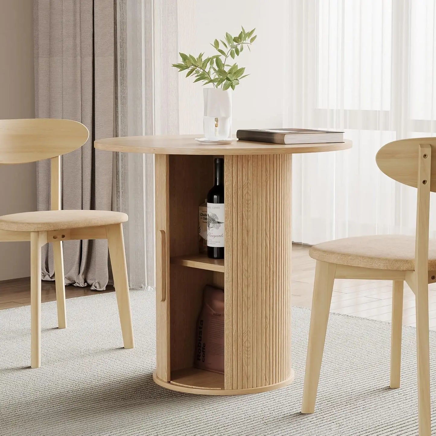 Extendable Round To Oval Dining Table With Hidden Storage Cabinet For Four To Six Guests Space Saving Modern Wood-A