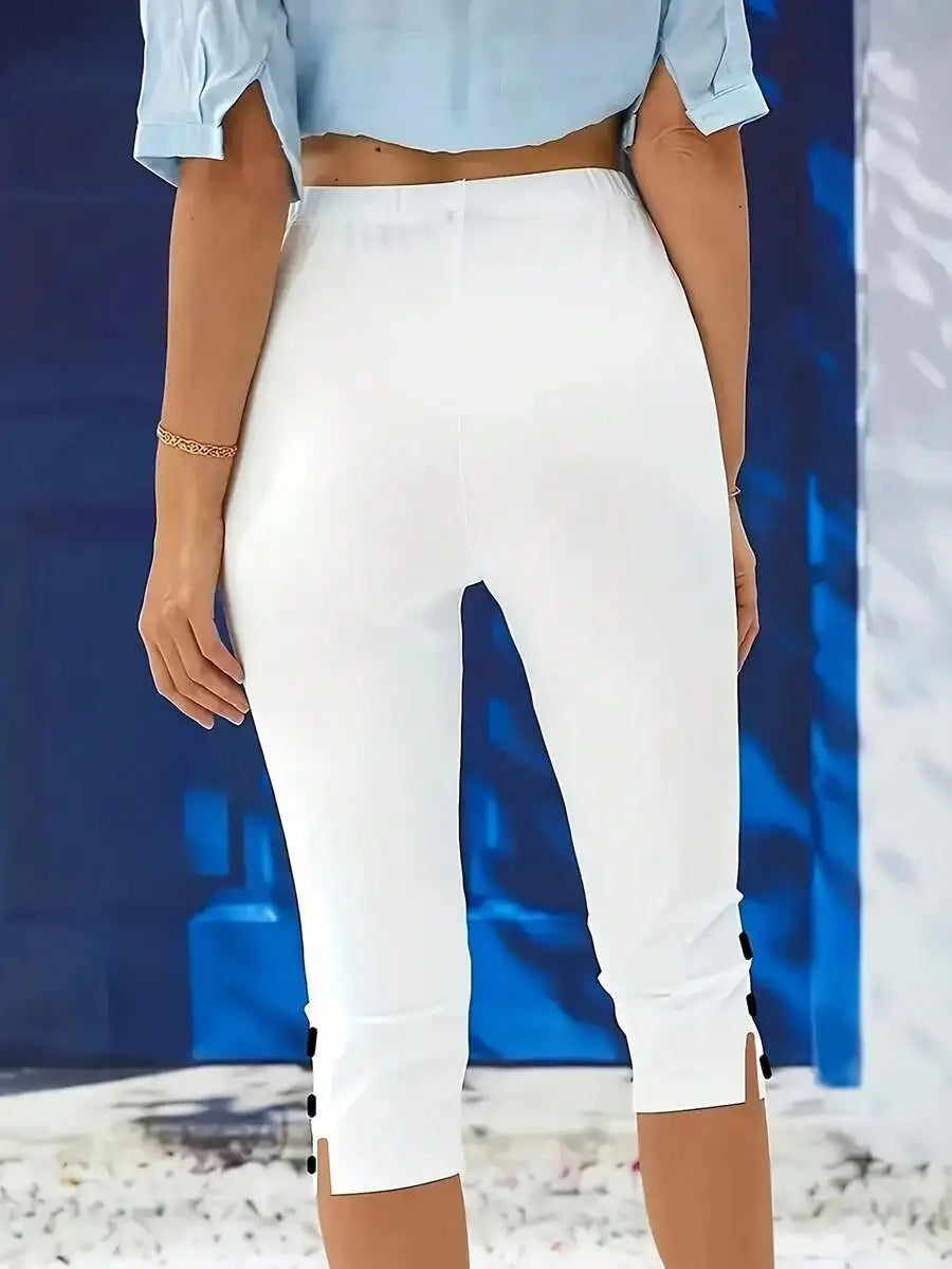 Womens Mid Rise Slim Fit Capri Pants With Decorative Buttons Stretch Knit For All Day Comfort-A