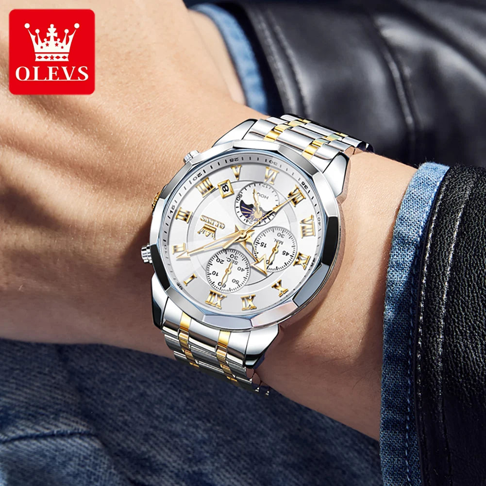 OLEVS Men's Chronograph Moonphase Watch Stainless Steel Waterproof With Quartz Movement Auto Date Full Calendar-A