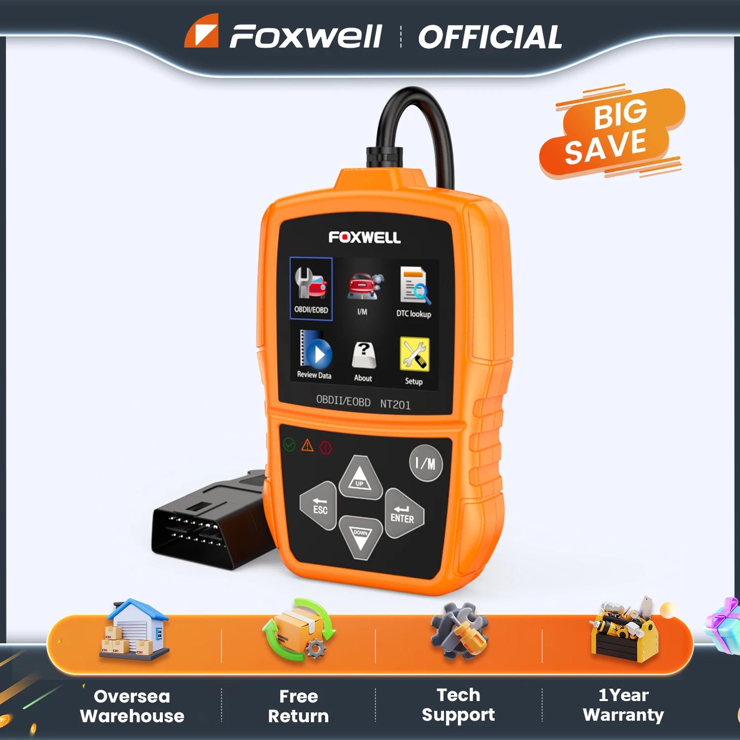 FOXWELL NT201 OBD2 Diagnostic Scanner Code Reader for Cars Reads and Clears Engine Fault Codes Check Engine Light-A