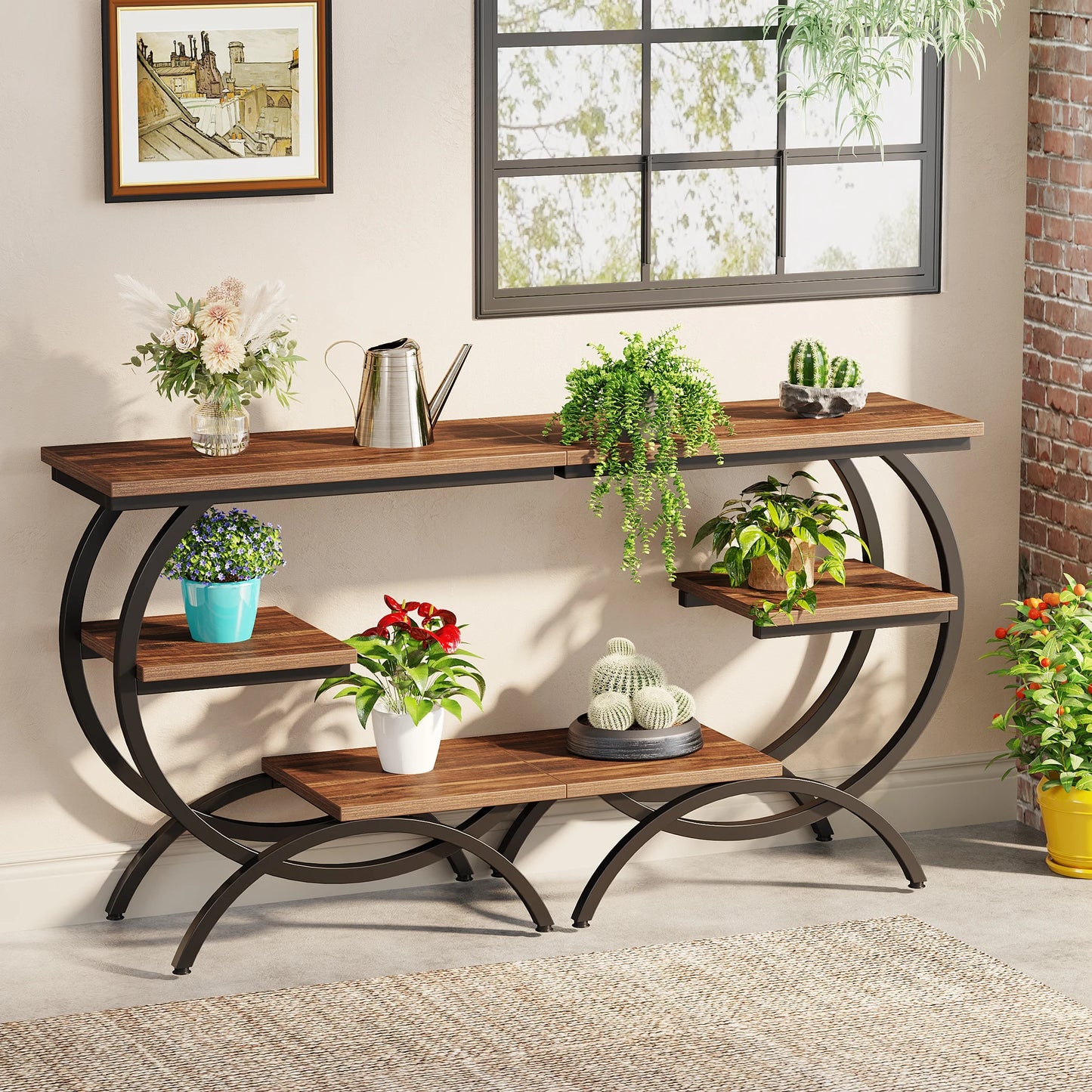 Tribesigns C Shaped End Table With 3 Tier Storage Shelves Rustic Brown Tabletop And Matte Black Metal Frame-A