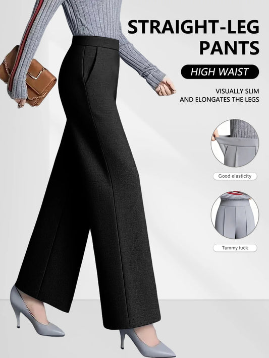 Women Wide Leg High Waist Knit Pants With Elastic Pockets
