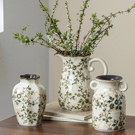 Chinoiserie Ceramic Vase Set of Three for Vintage Farmhouse Decor