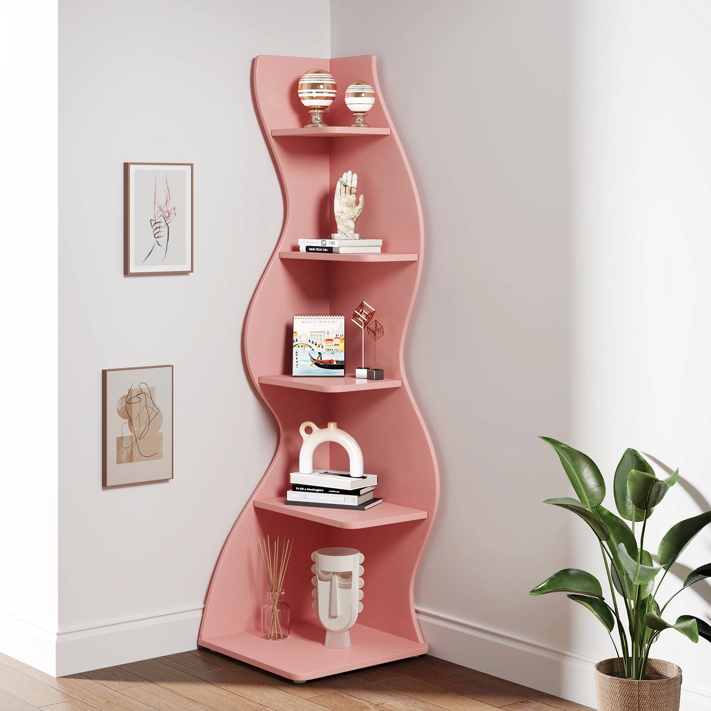 Tribesigns 5 Tier Corner Shelf Wall Organizer Bookcase Plant Stand White Finish Minimalist Modern Space Saver-A
