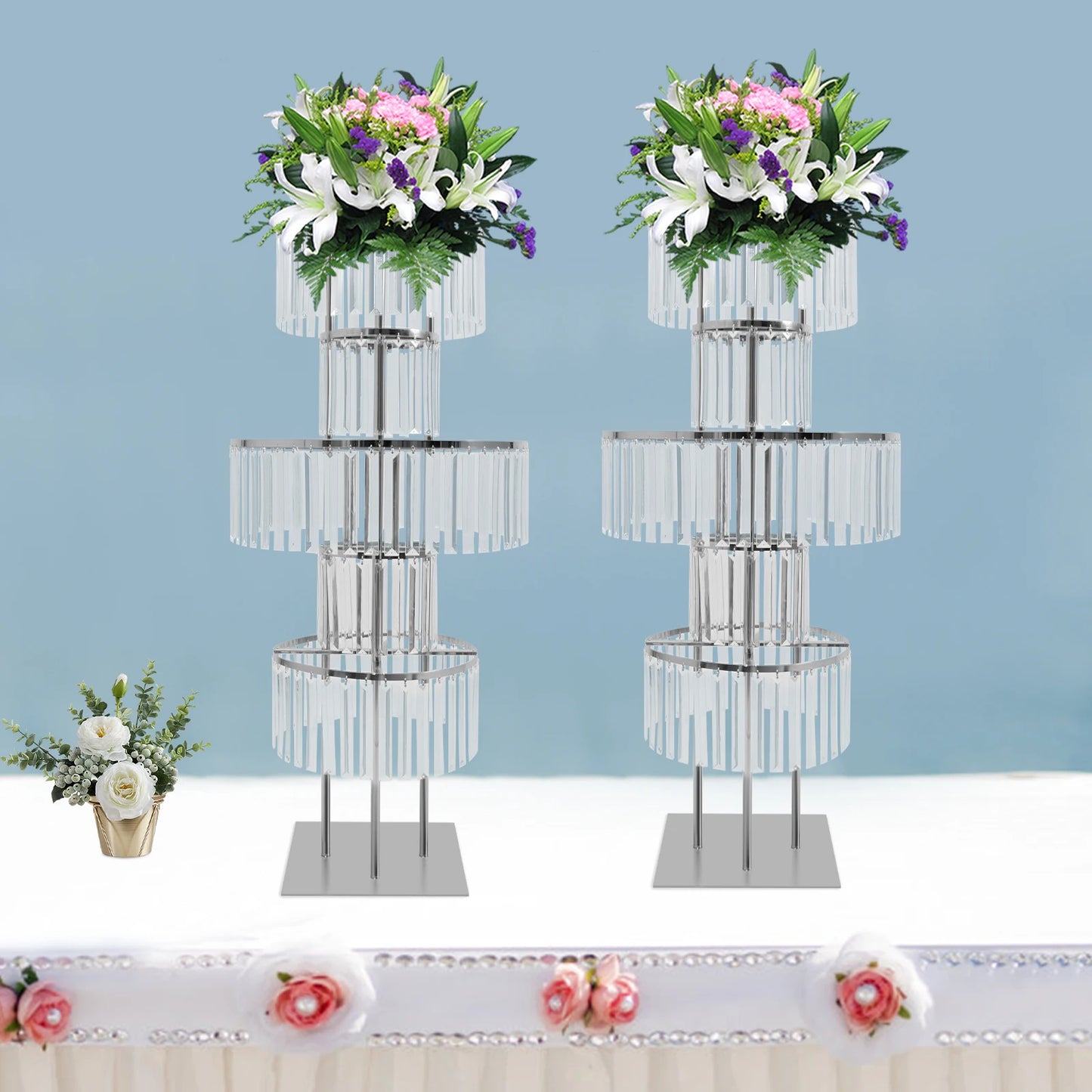 NONECN Five Tier Crystal Flower Stand Wedding Centerpiece Iron and Acrylic Electroplated Finish Rust Resistant-A