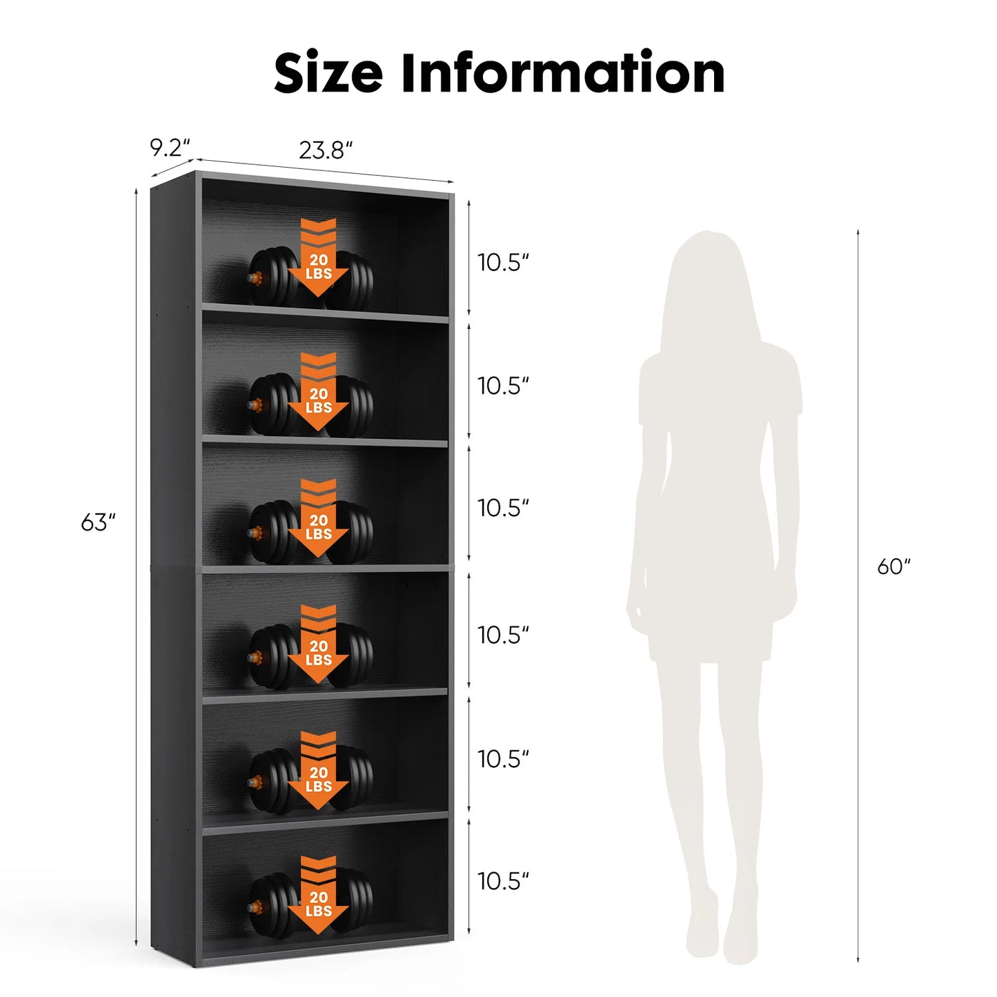 JHK 6 Tier Wooden Bookcase Floor Standing Open Shelves for Living Room and Home Office Storage-A