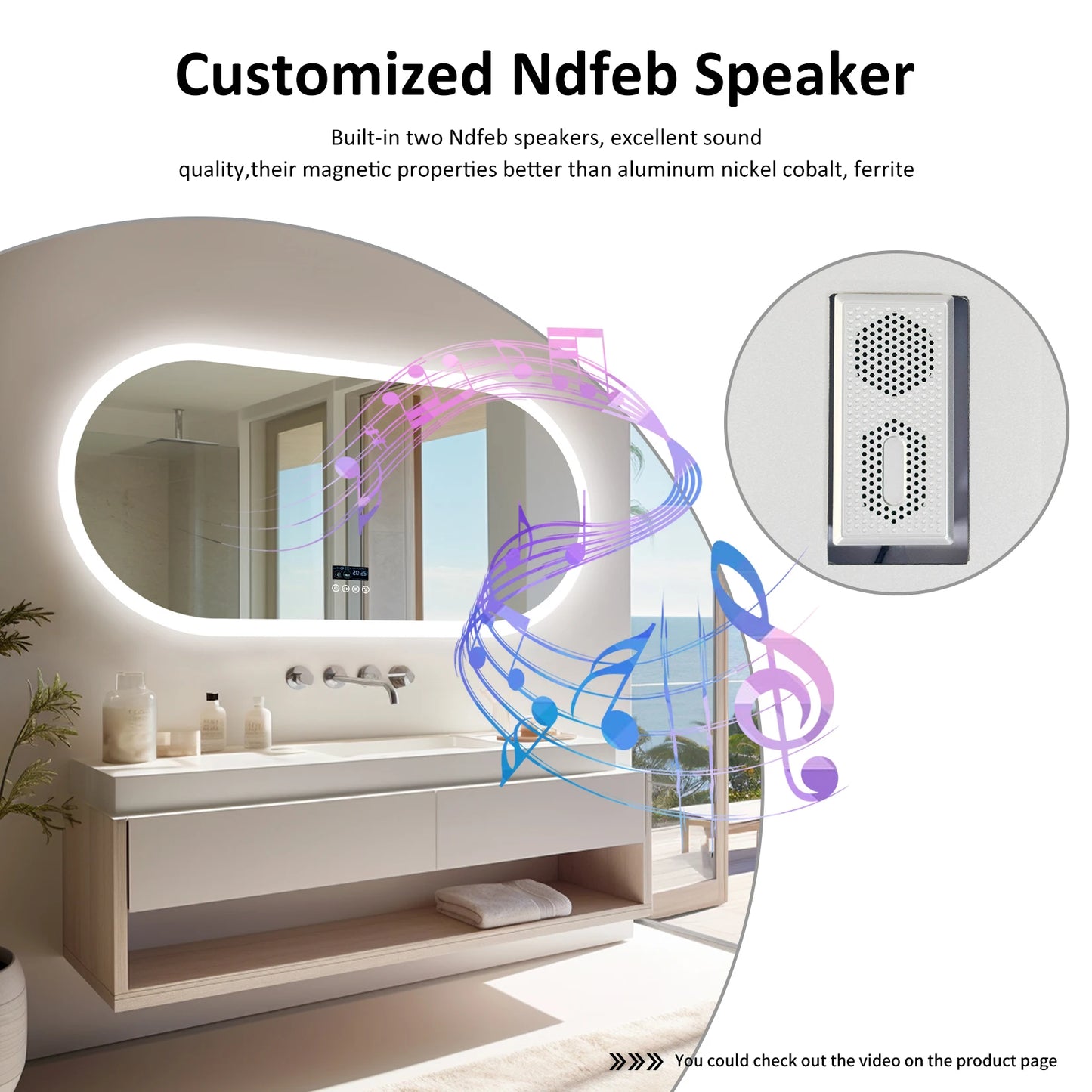 Oval LED Bathroom Mirror With Lights Anti Fog Bluetooth Speaker Dimmable 3 Color Temperature Levels Aluminum Frame-A