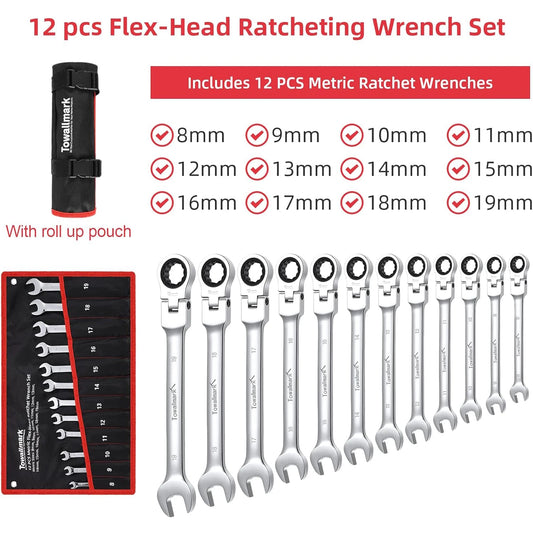 HiMISS 12-Piece Flex-Head Ratcheting Wrench Set Cr-V Steel Bag
