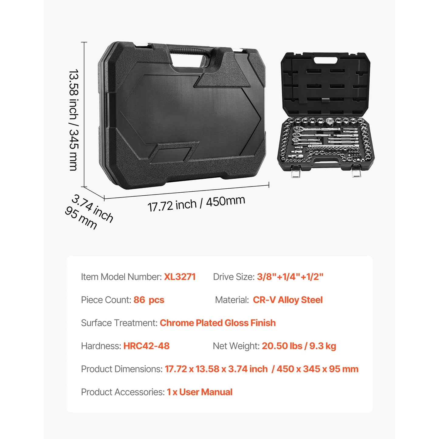 SucceBuy 86 Piece Socket Set SAE and Metric with Ratchet Wrench High Torque 6 Point CRV Alloy Steel-A