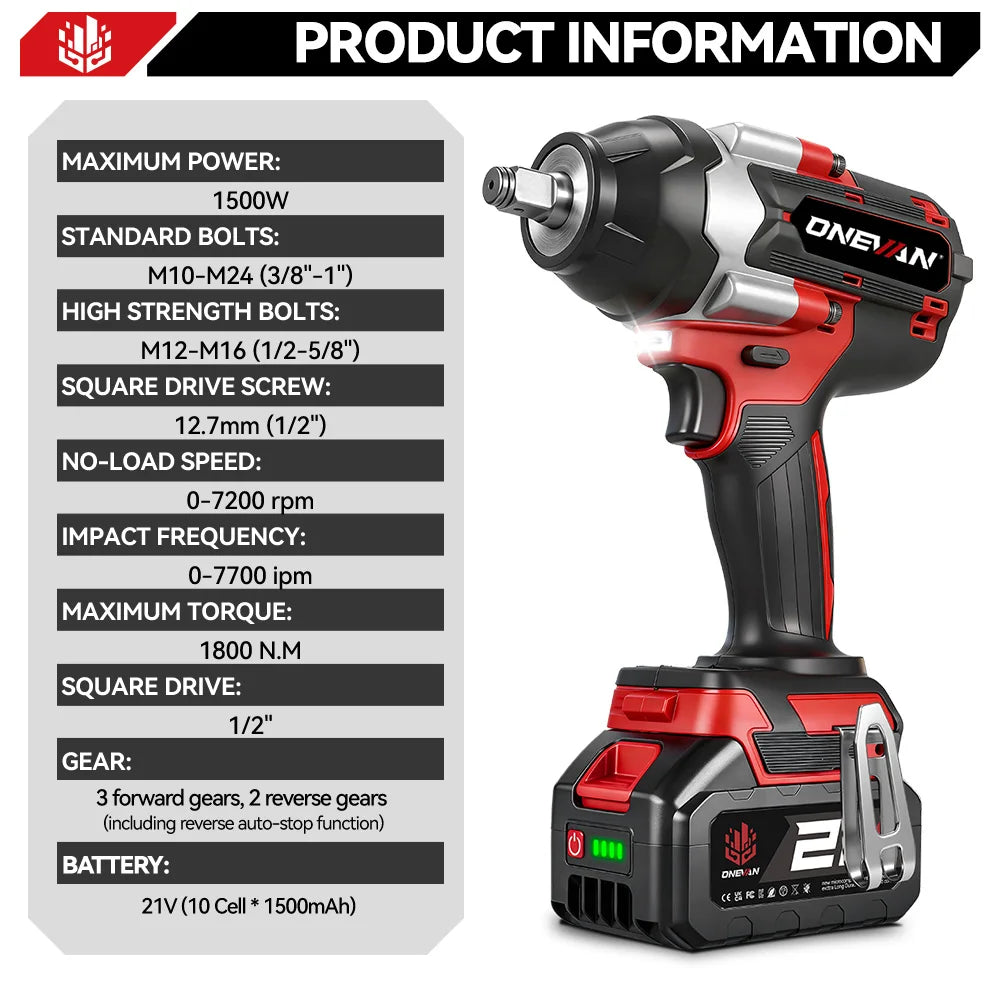 ONEVAN Brushless Electric Impact Wrench 1800 Nm Torque Cordless Tool A Stepless Speed Switch 0 To 7200 IPM-A