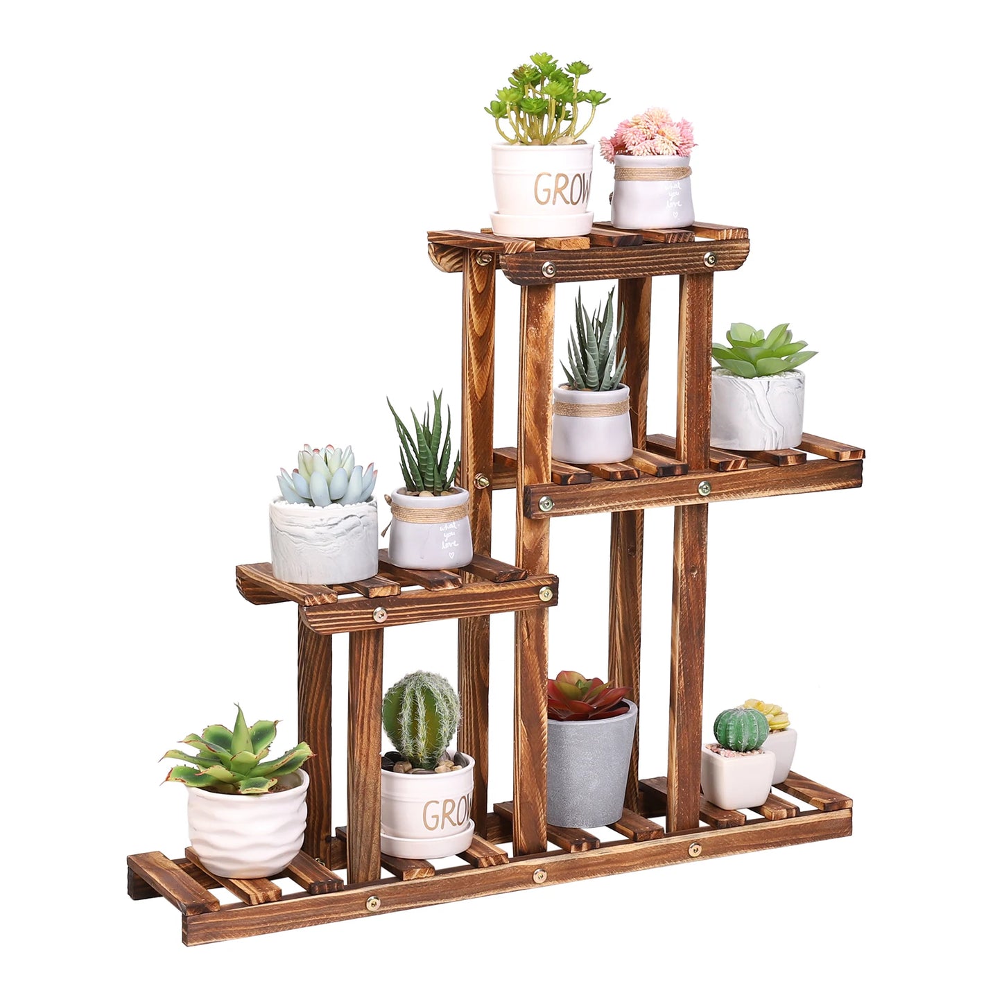Carbonized Wood Plant Stand Four Tier Succulent Rack Mini Desktop Plant Holder for Outdoor Balcony Garden-A