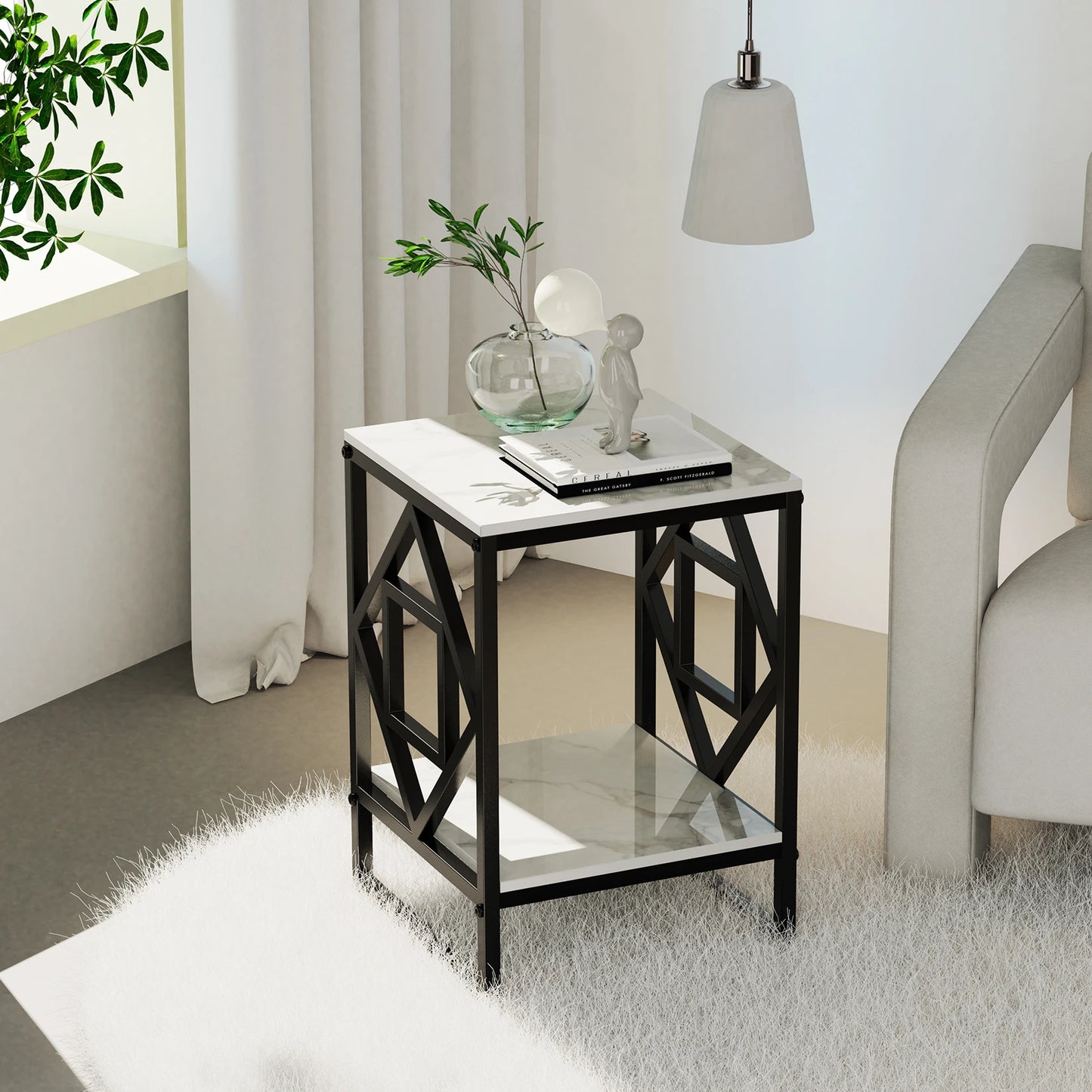Marble Top Side Table With Square Metal Frame Two Tier Open Shelves End Table For Living Room Nordic Modern-A