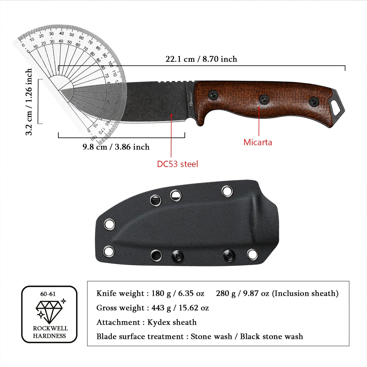 DC53 Steel EDC Utility Knife With Micarta Handle And Kydex Sheath For Everyday Carry And Precision Cutting Model A-A