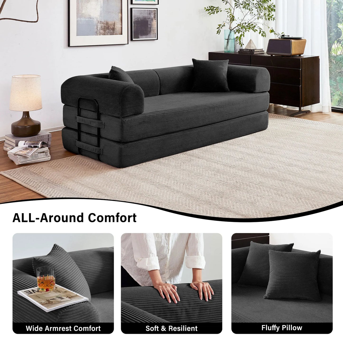Foldable Convertible Futon Sofa Bed With L Shaped Armrests For Small Spaces Corduroy Upholstery High Density Foam-A