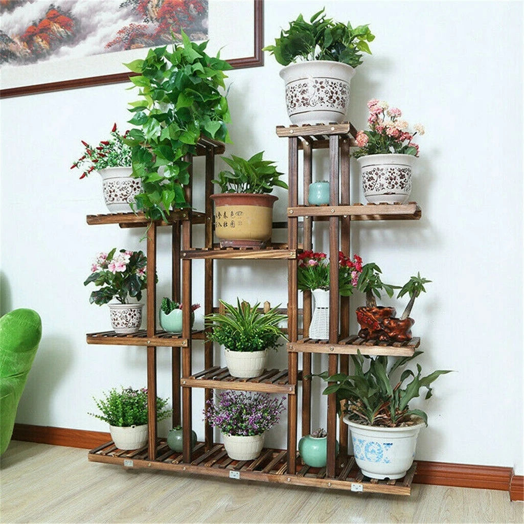 UNHO 46 Inch Multi Tier Plant Stand Wood Flower Rack 16 Pot Display Shelves Indoor Outdoor Patio Garden-A