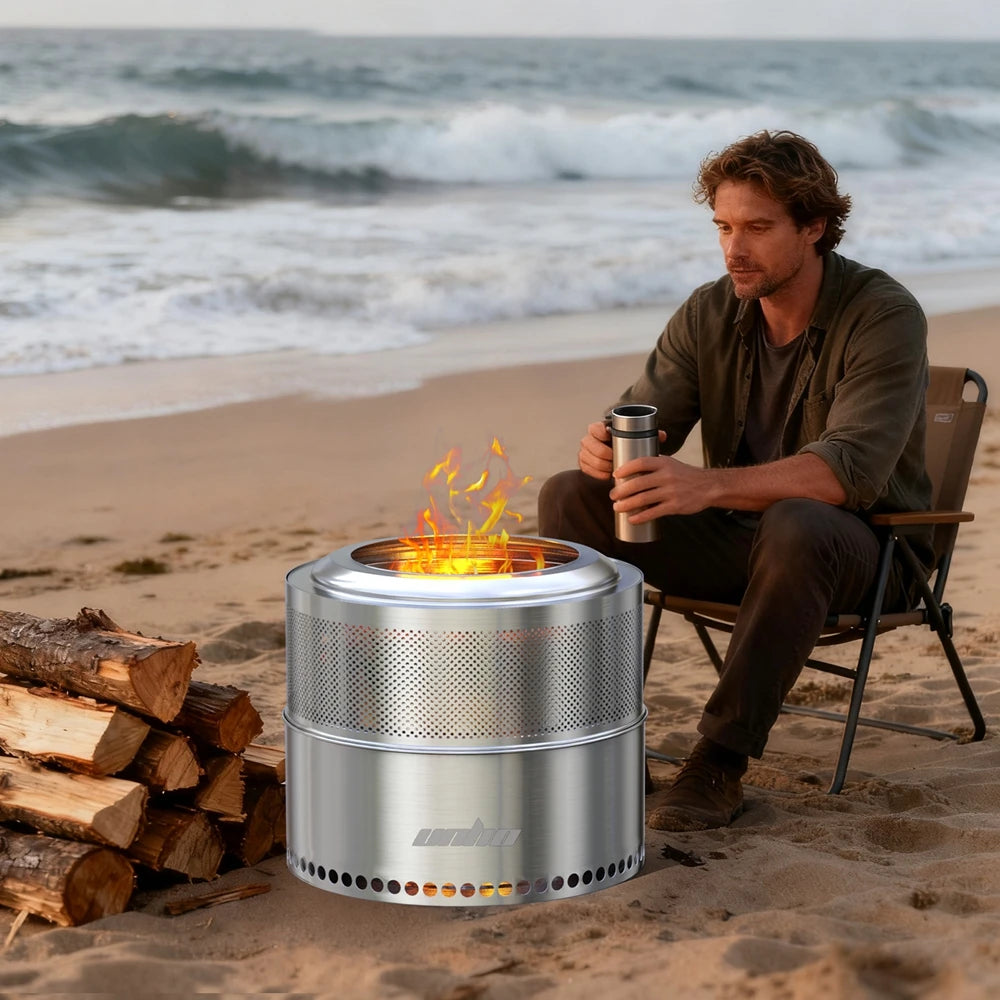 UNHO Smokeless Outdoor Wood Burning Fire Pit Portable Stainless Steel Perforated Design For Airflow-A