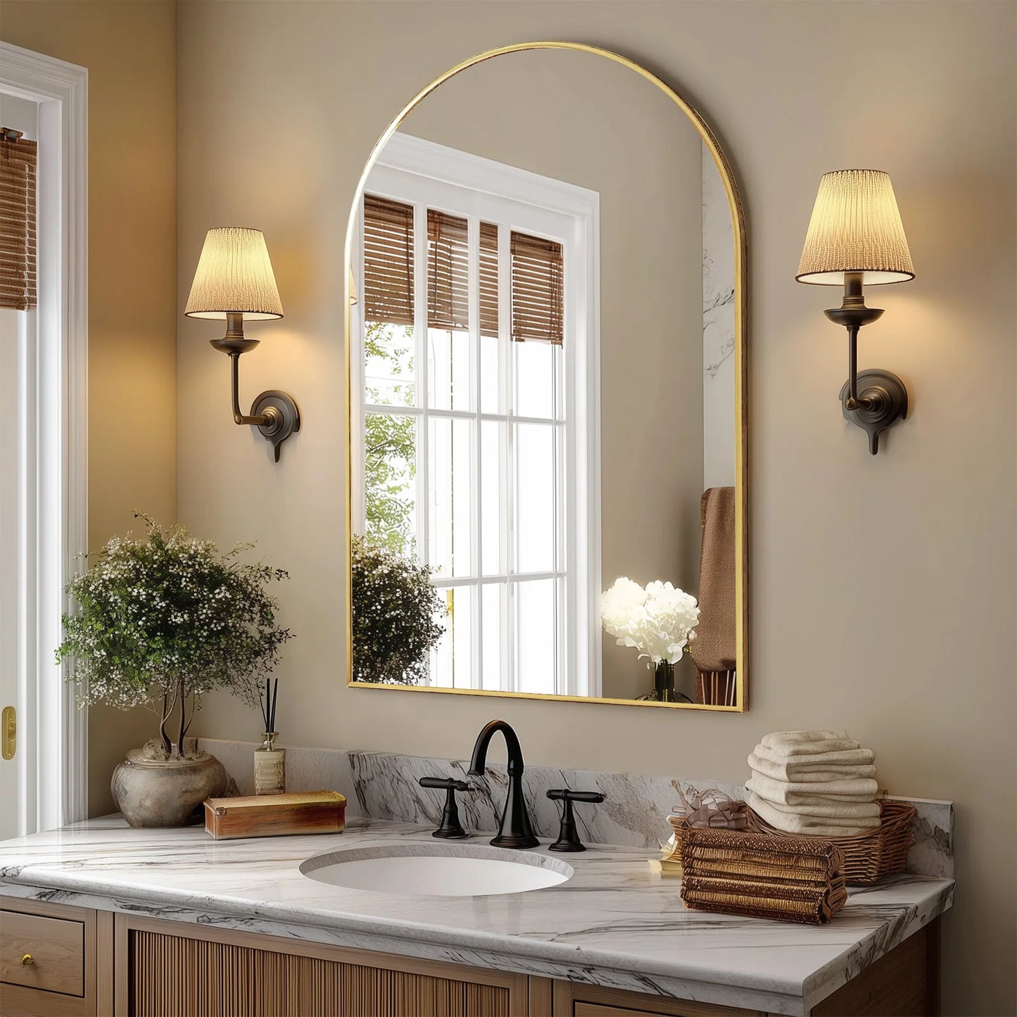 JHK Arched Metal Framed Bathroom Mirror with HD Shatterproof Glass for Wall Decor-A