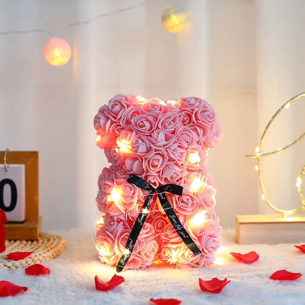 Artificial Teddy Rose Flower Bear With Box Eternal Rose Valentines Day Gift For Girlfriend-A